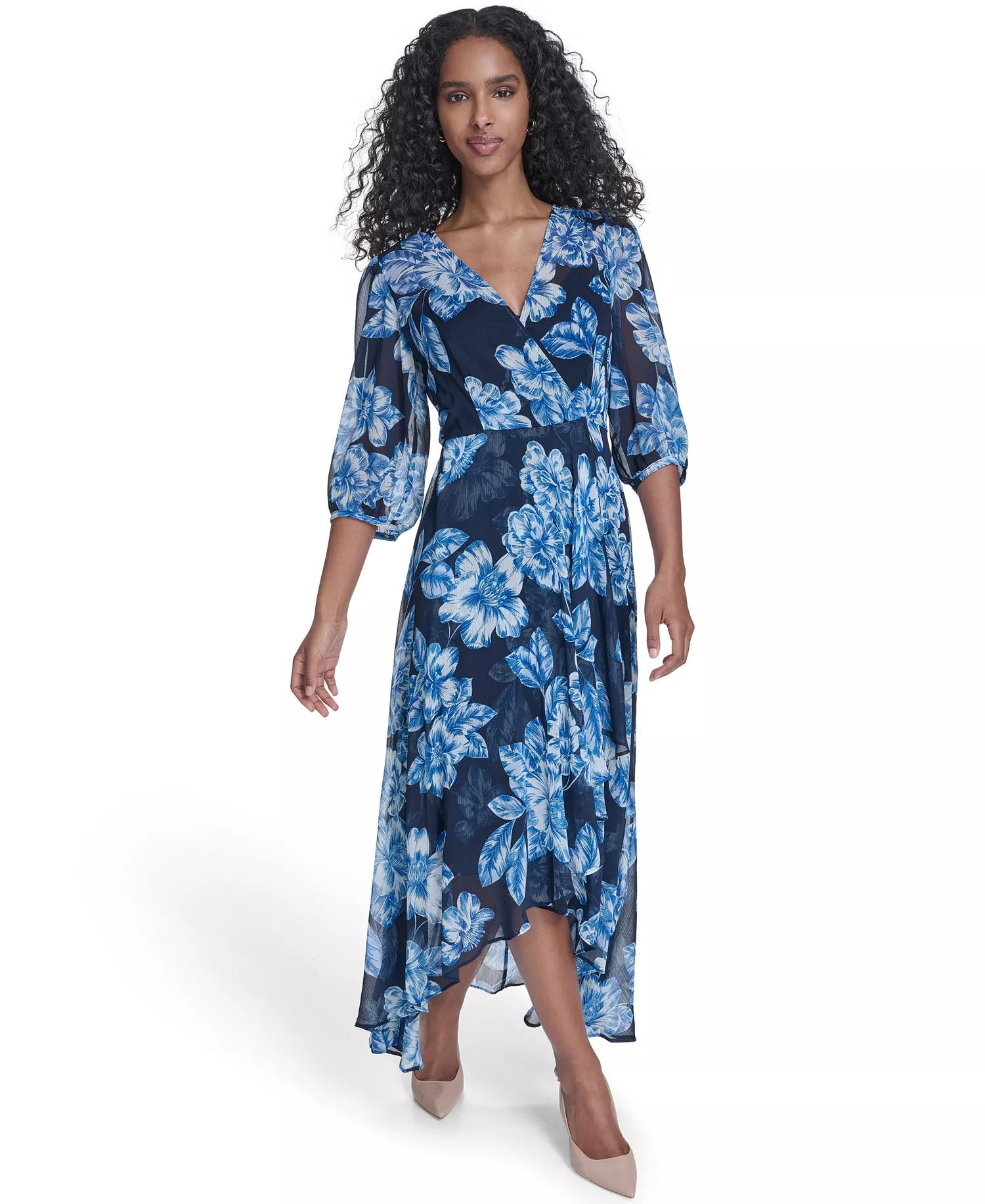 Women's Balloon-Sleeve Faux Wrap Dress - Indigo Multi - 10