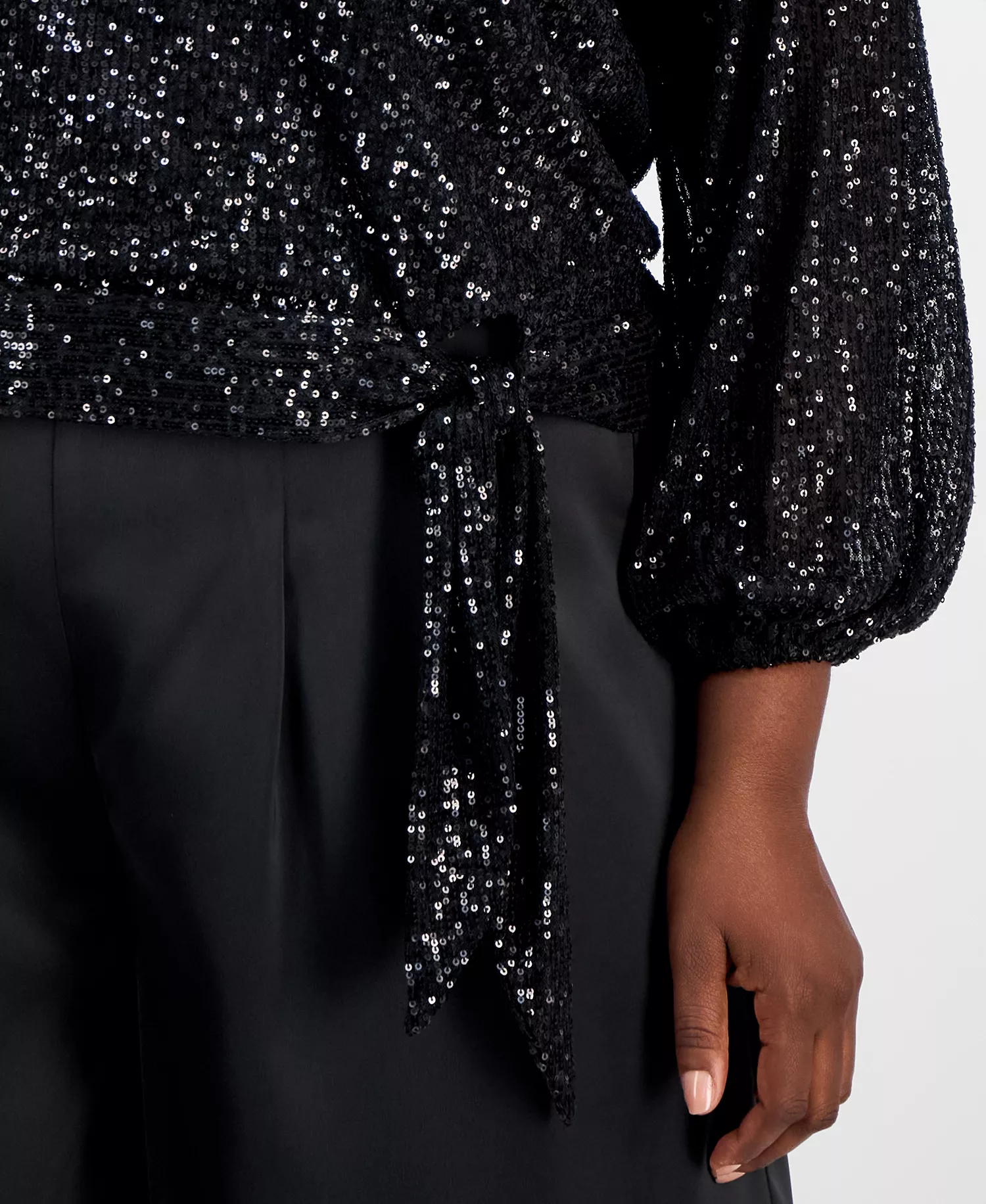 Plus Size Sequin Blouson-Sleeve Top - Black - 1X