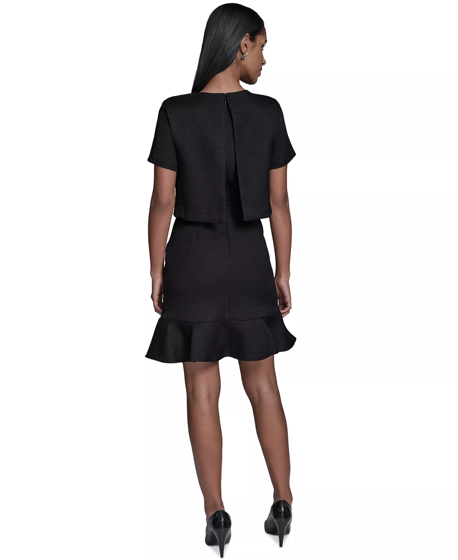 Women's Crewneck Ruffle Hem Dress - Black - 0