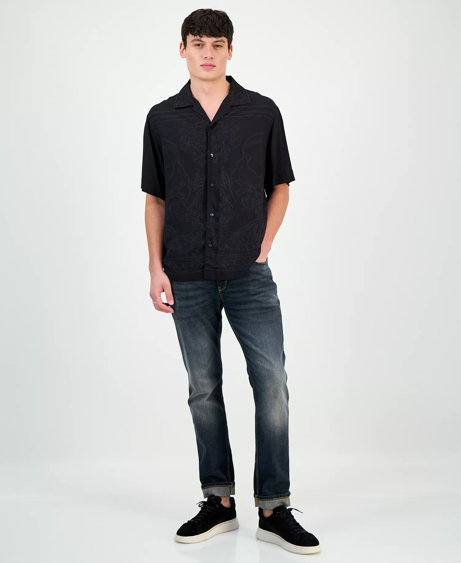 Men's Espino Tonal-Print Regular-Fit Camp Shirt - Black - 2XL