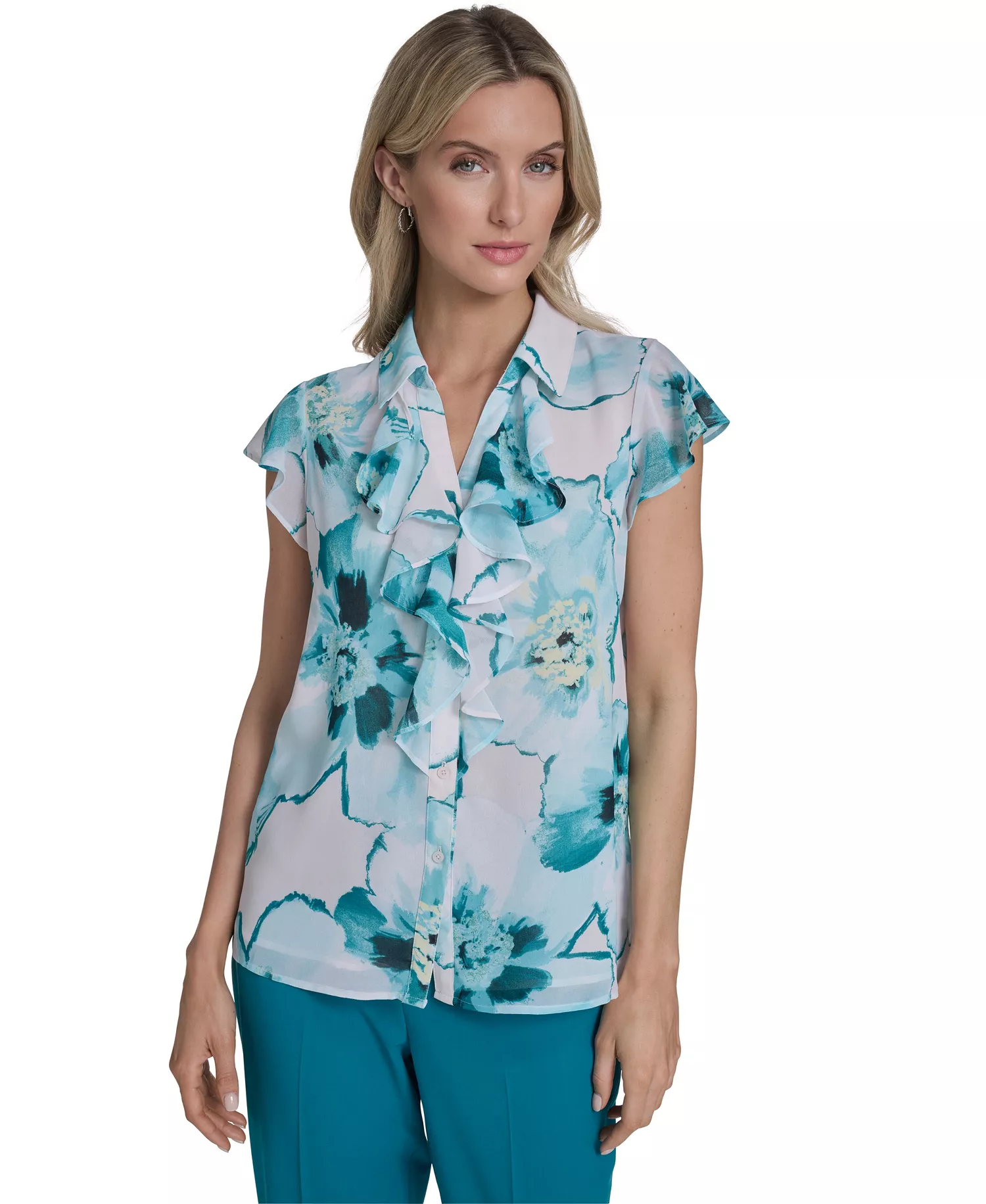 Petite Collared Woven Top - Seaspray/White Multi - P/L