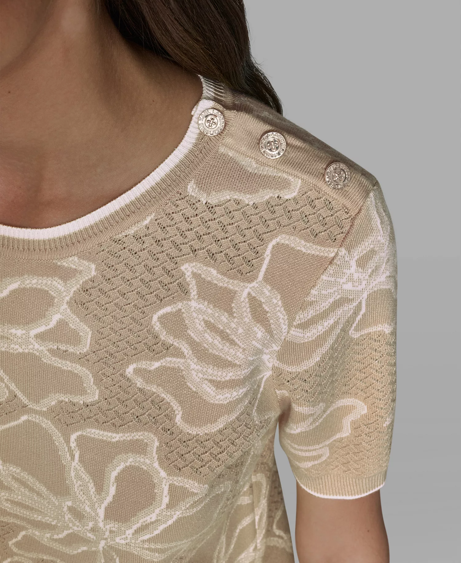 Women's Flower Print Short-Sleeve Sweater - French Beige/soft White - L