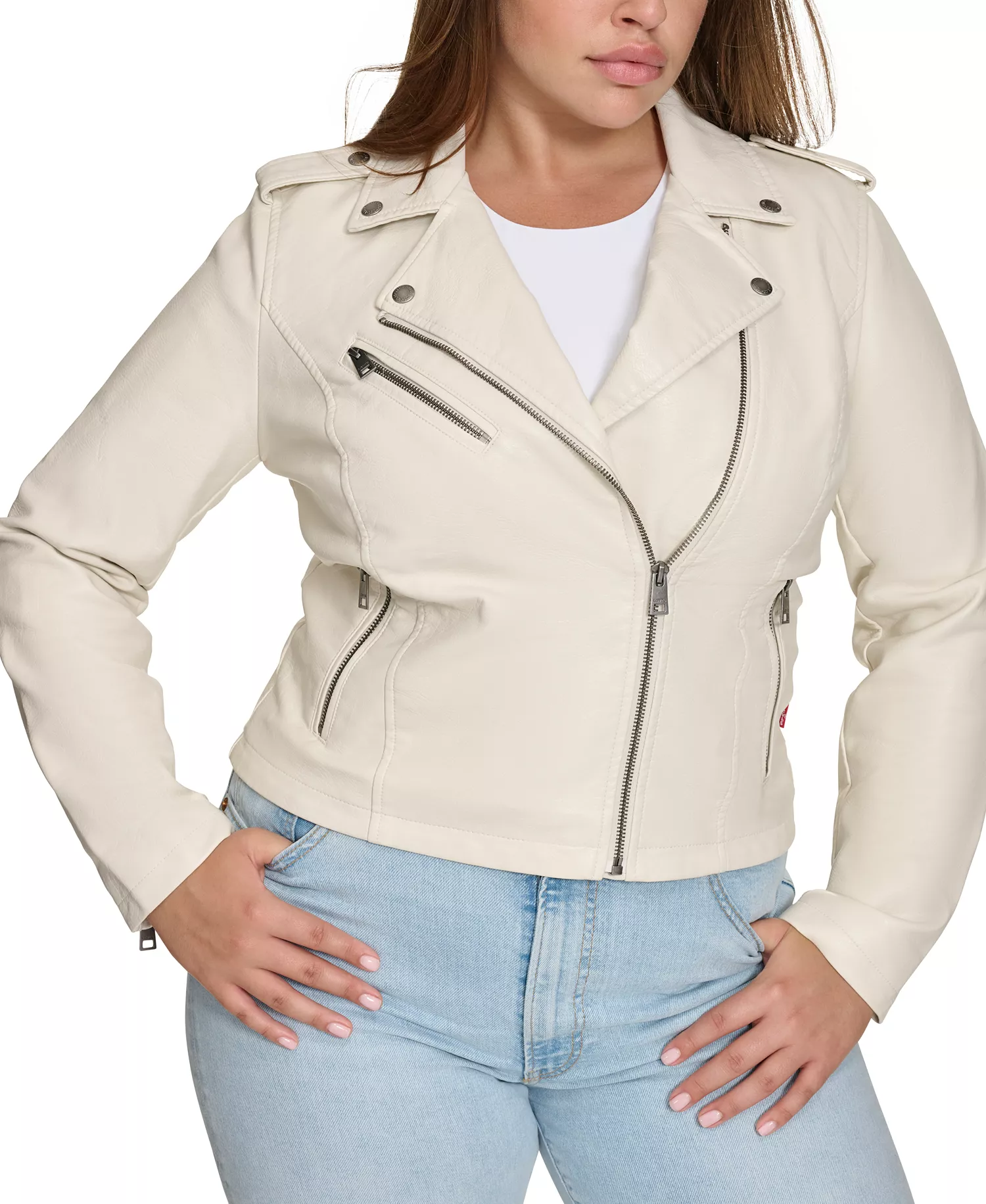 Plus Size Trendy Faux Leather Moto Jacket - Oyster - 2X