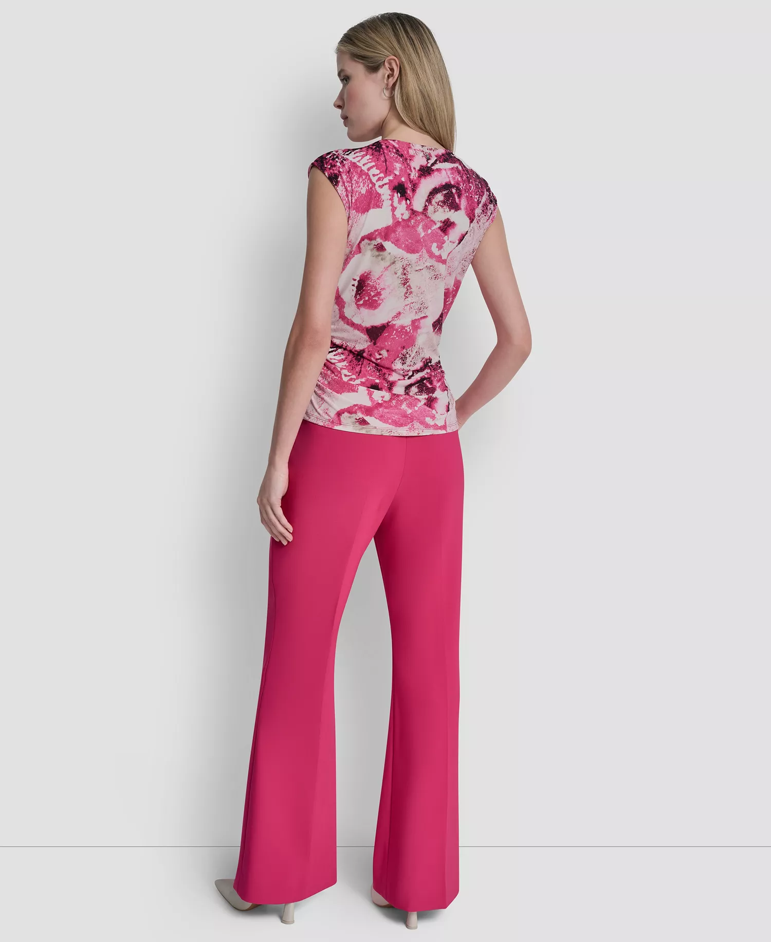 Women's Asymmetric Neck Cap-Sleeve Top - Hot Pink/Pebble Multi - L