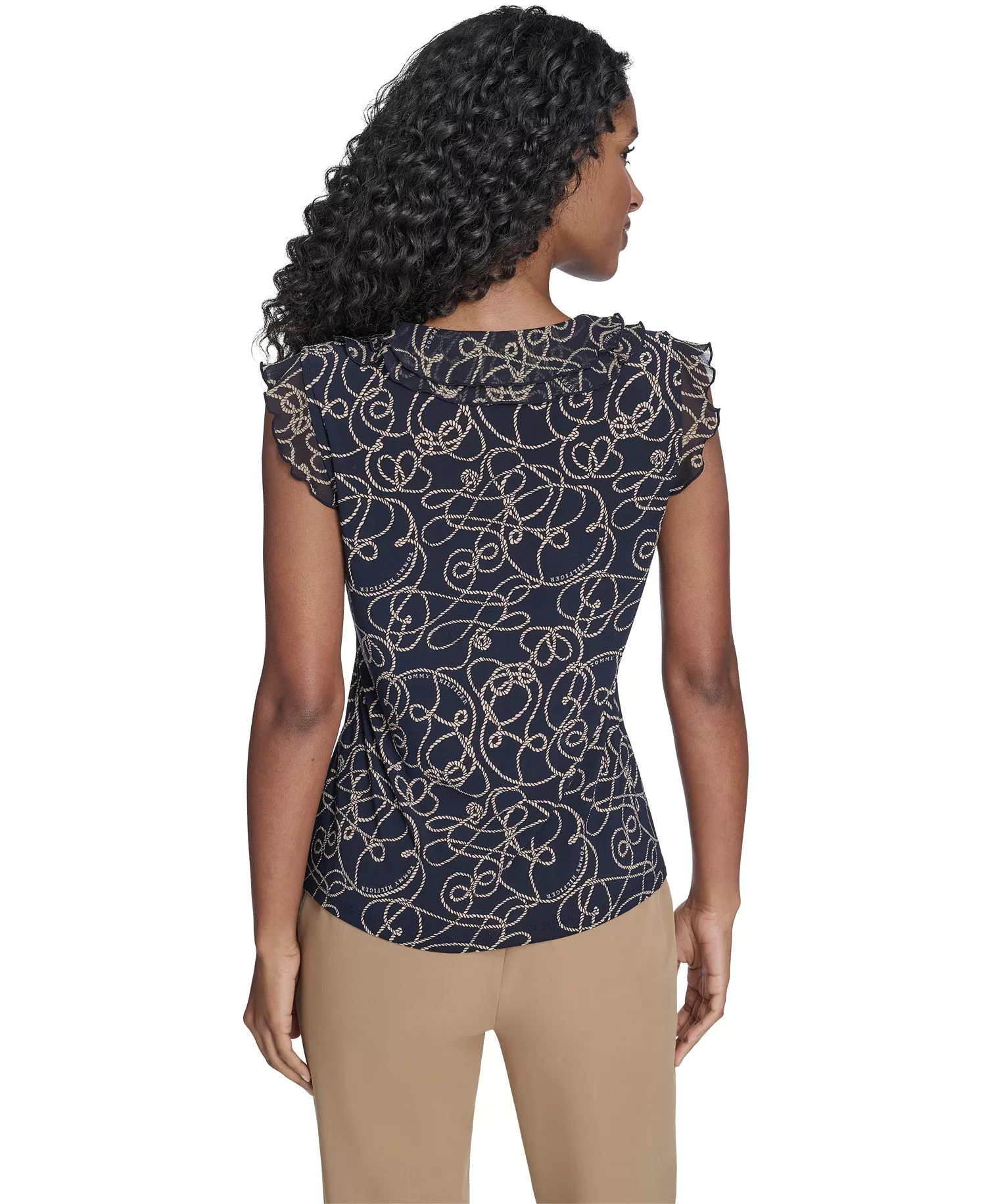 Women's Sleeveless Mixed Media Rope Print Top - Midnight/ Irish Cream - L