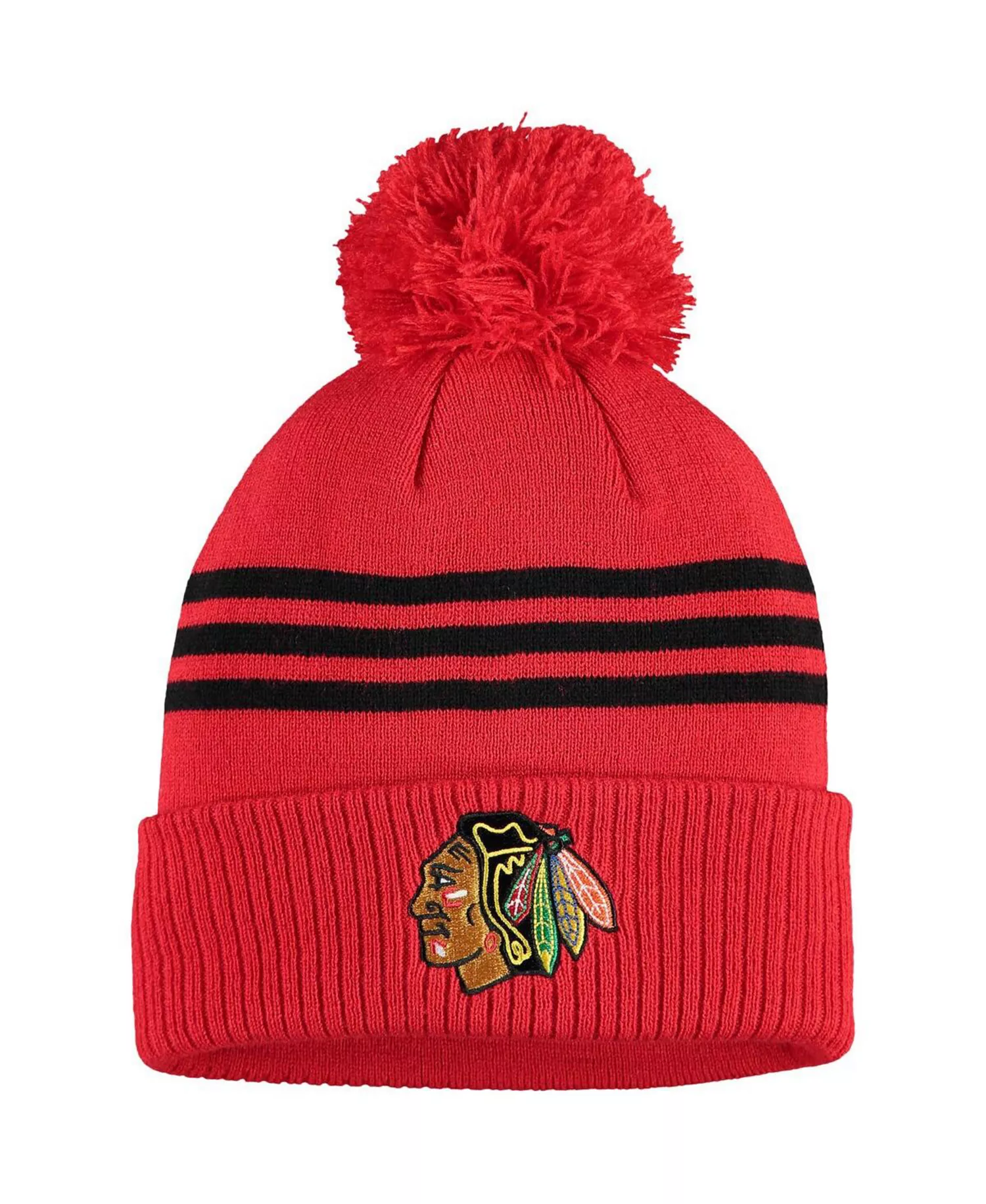 Men's Navy Chicago Blackhawks Locker Room Three Stripe Cuffed Knit Hat with Pom - Navy - One Size Fits All