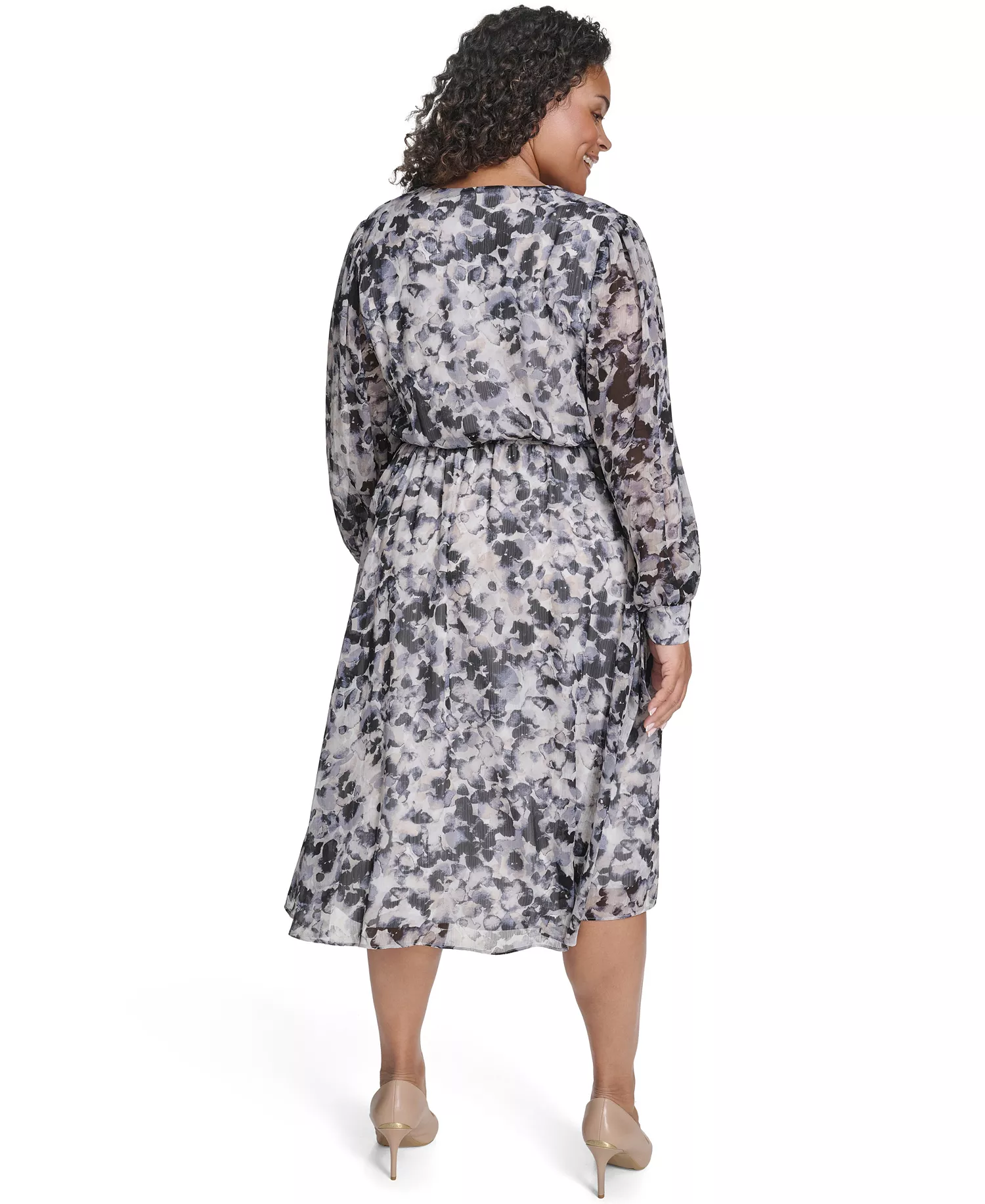 Plus Size Tie Sleeve Chiffon Pull-On Midi Dress - Slate Multi - 14W