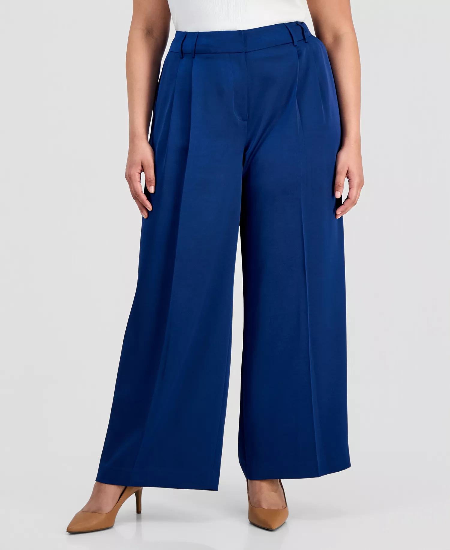Plus Size Pleat-Front Wide-Leg Satin Pants - Deep River - 14W