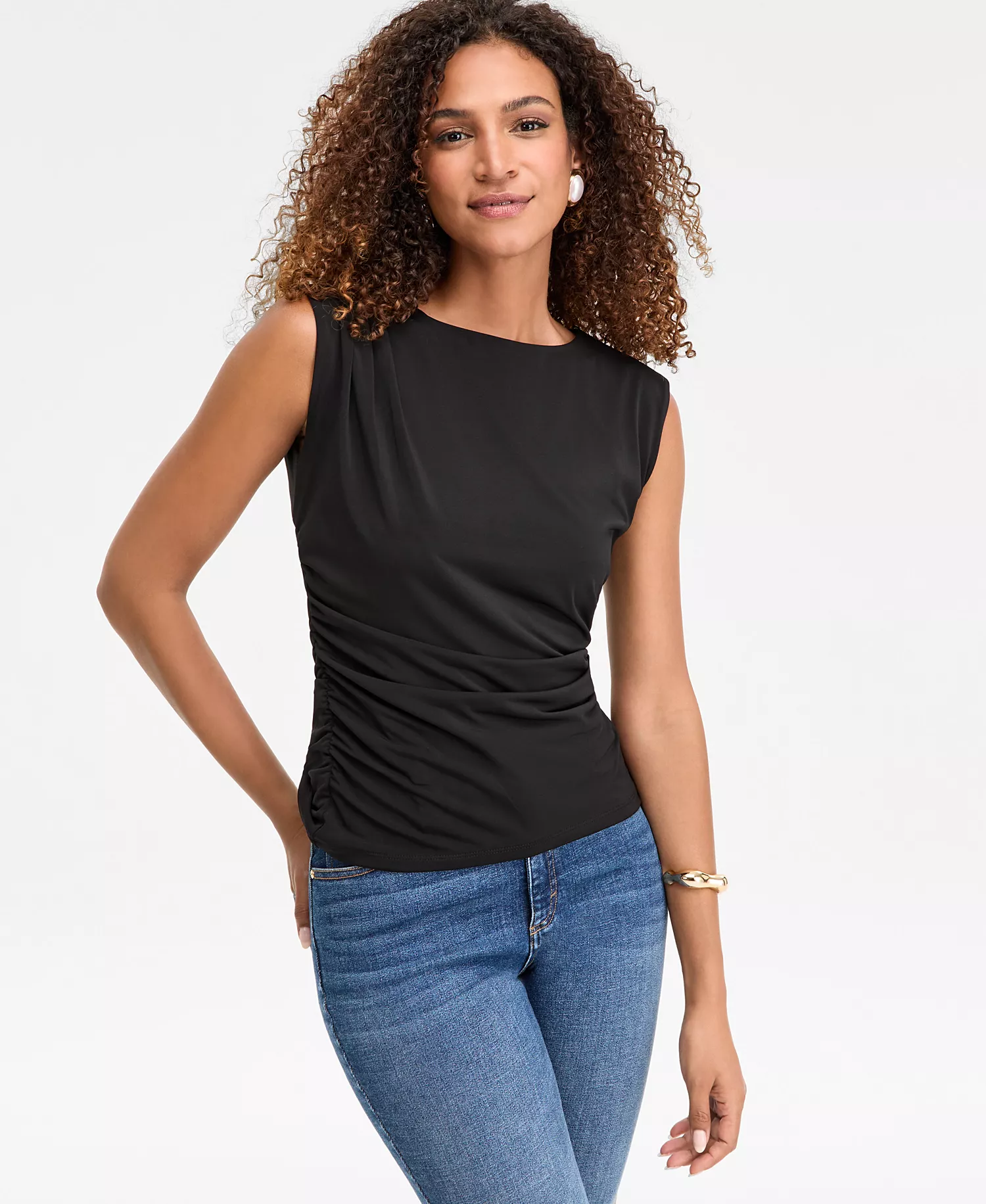 Women's Sleeveless Ruched Boatneck Knit Top, Macy's Exclusive - Deep Black - L - Regular