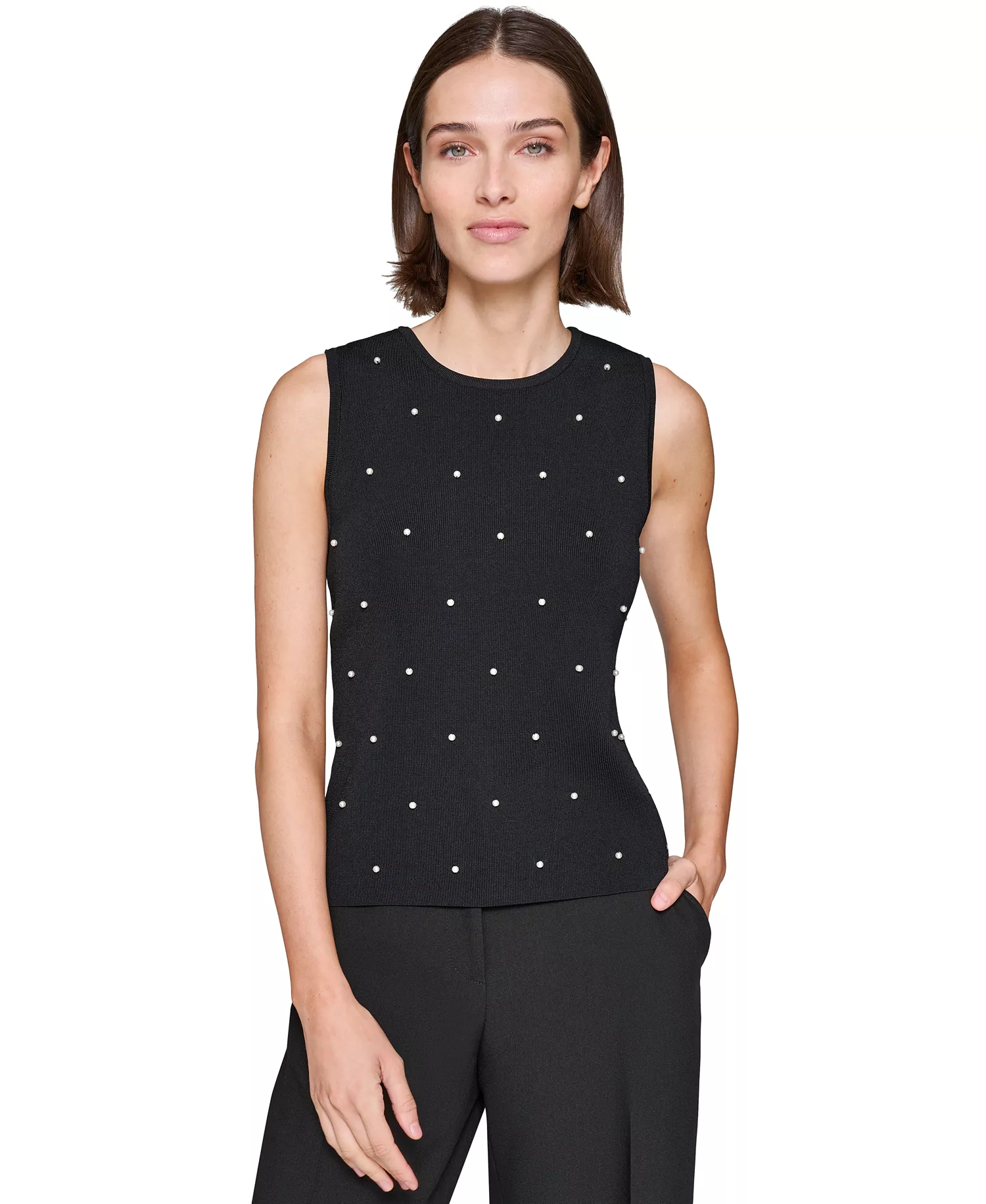 Karl Lagerfeld Women's Round-Neck Faux-Pearl Sleeveless Sweater Top - Black - L