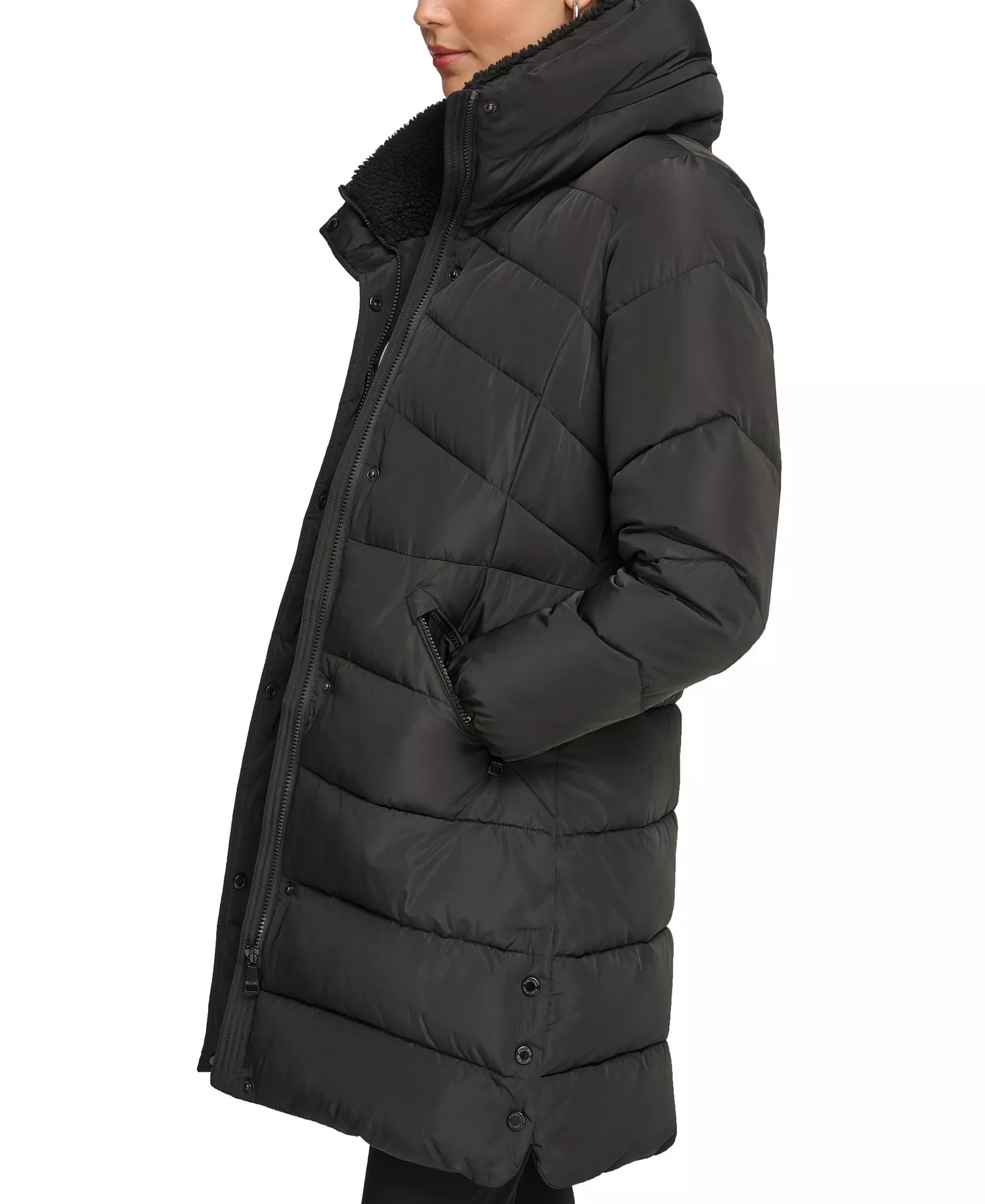 Women's Faux-Sherpa Collar Hooded Stretch Puffer Coat, Created for Macy's - Black - L
