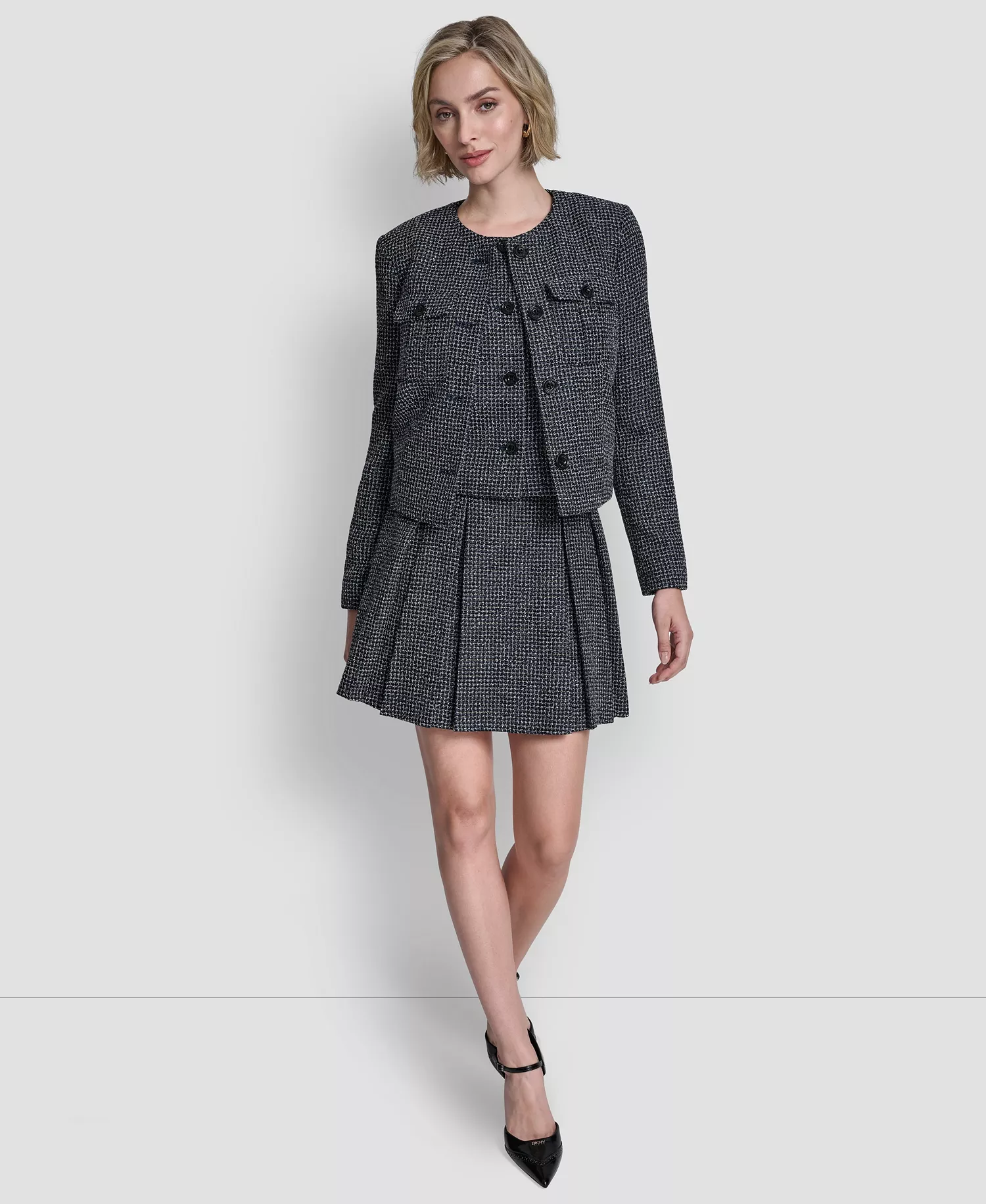 Women's Collarless Cropped 4-Button Jacket - Navy Combo - 10