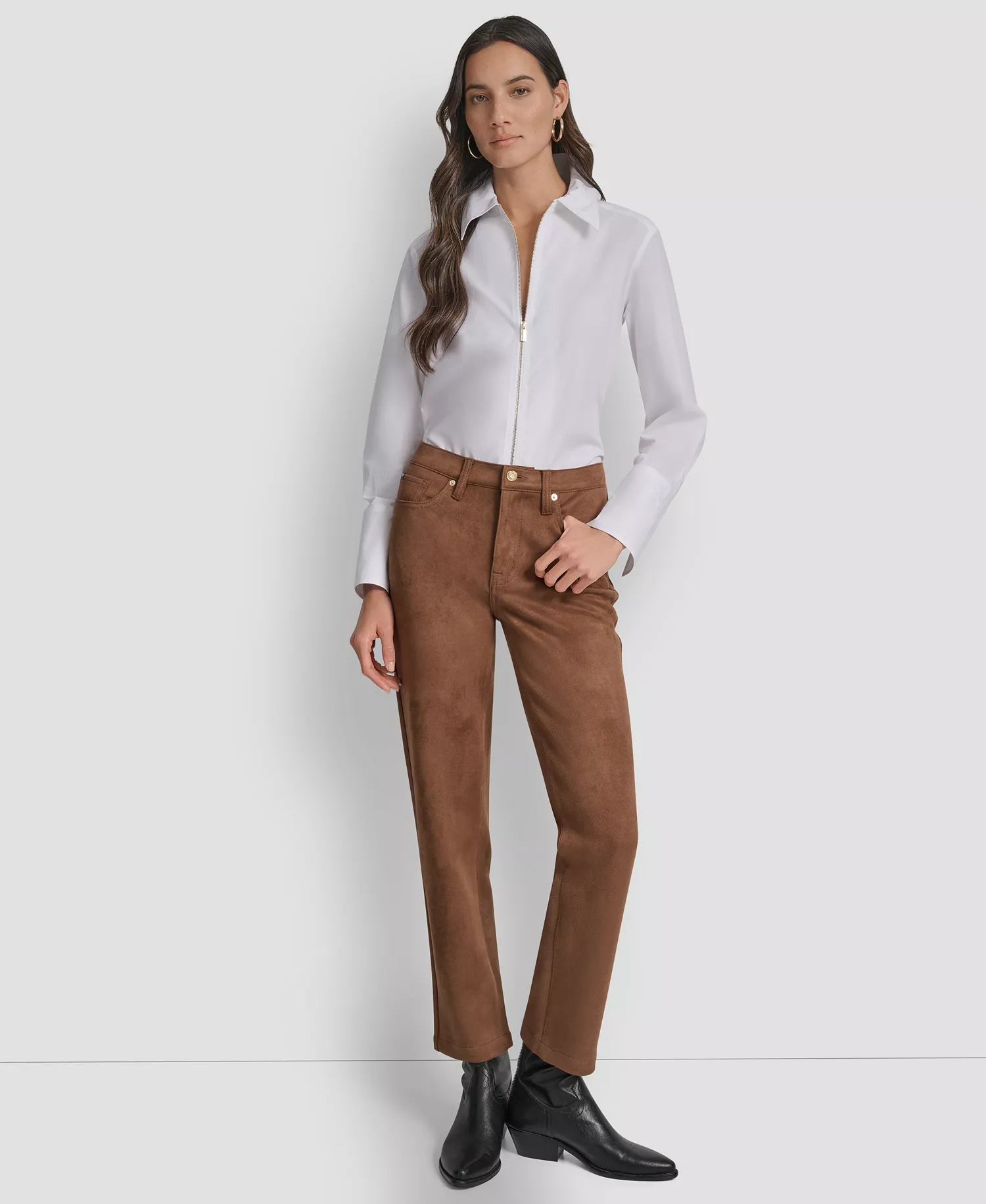 Women's Mid Rise Straight Suede Pants - Burnt Sugar - 24