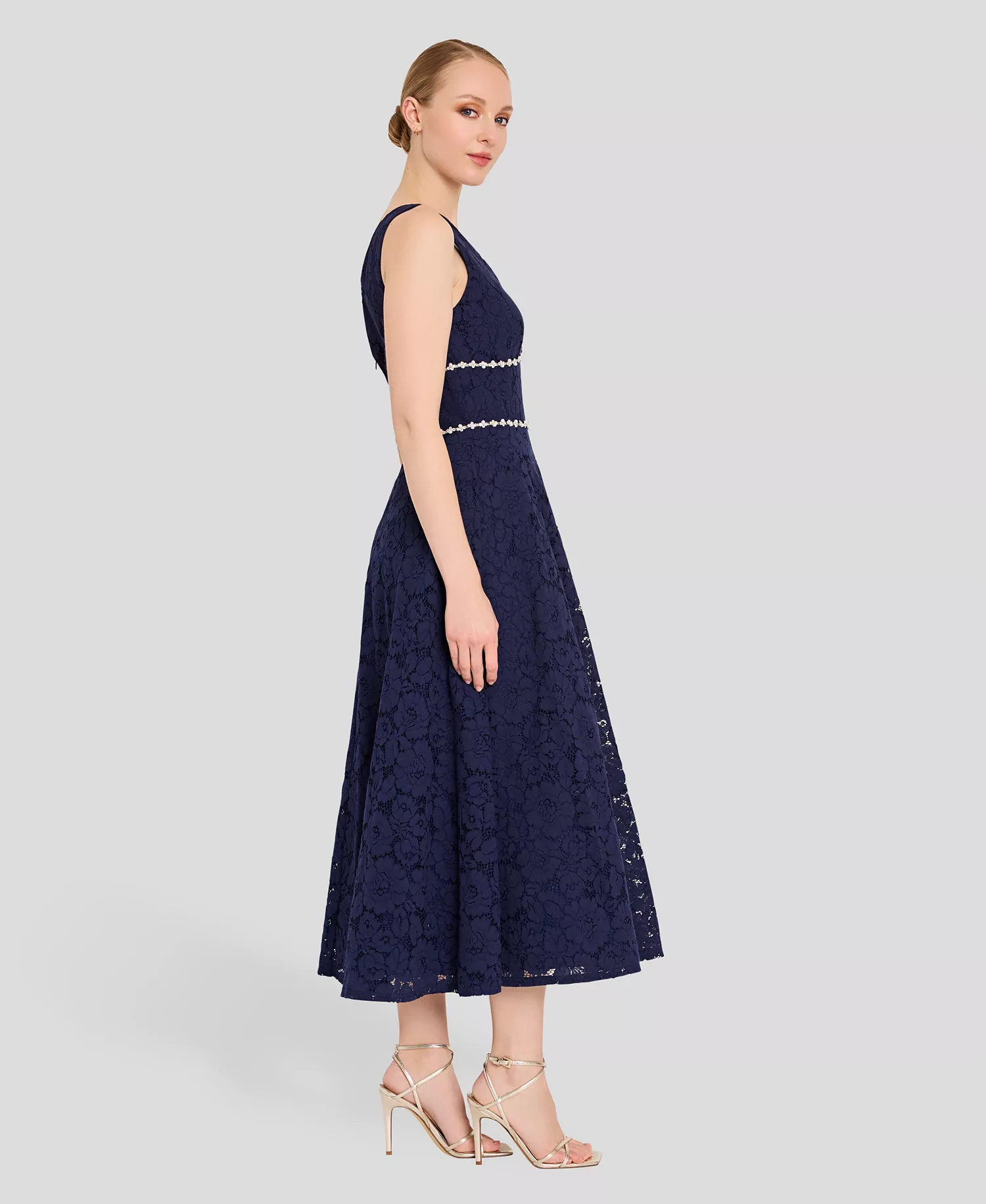 Women's V-Neck Lace Tea Length Ball Gown - Navy - 10