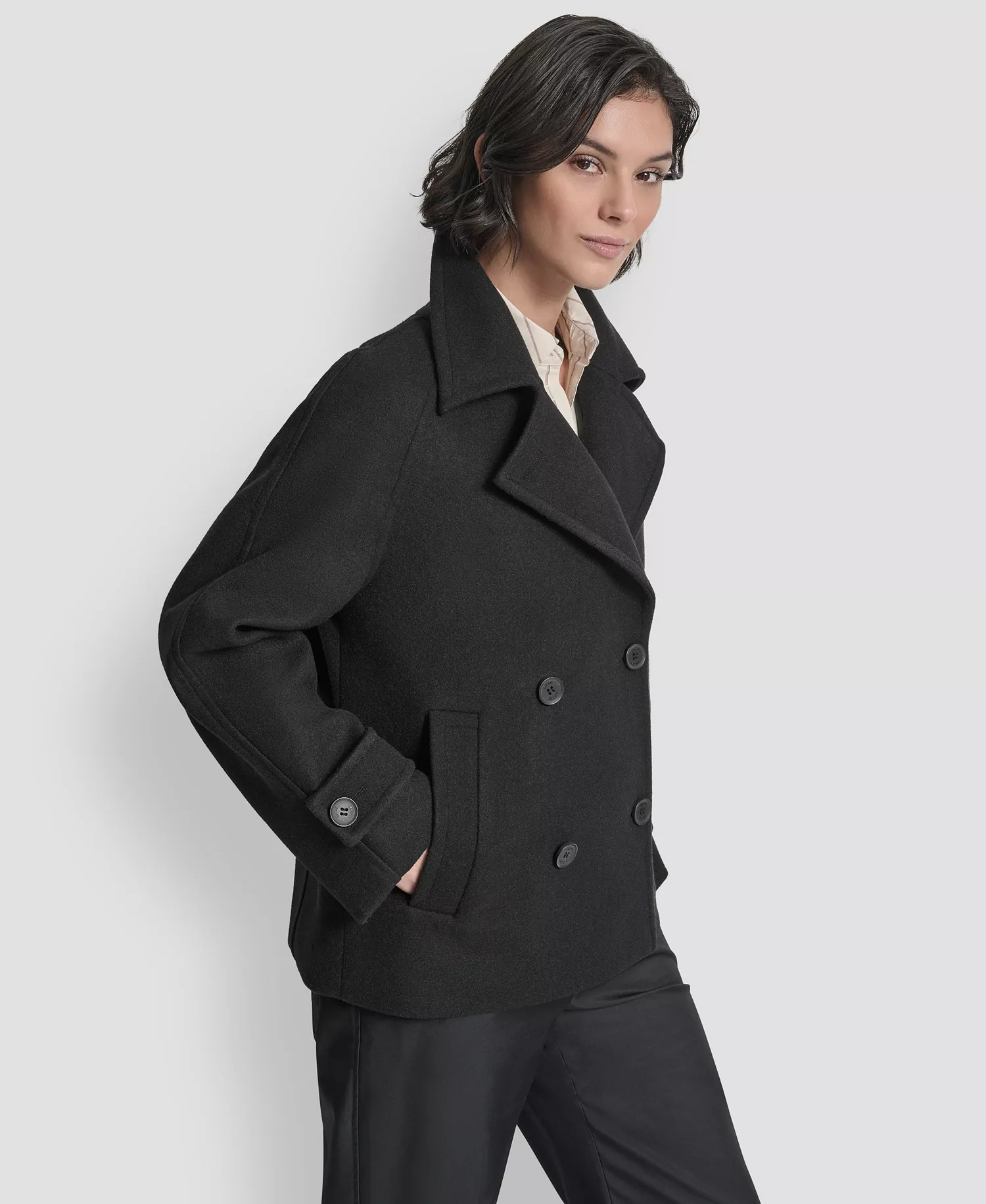 Women's Short Double Breasted Collared Coat - Black - L