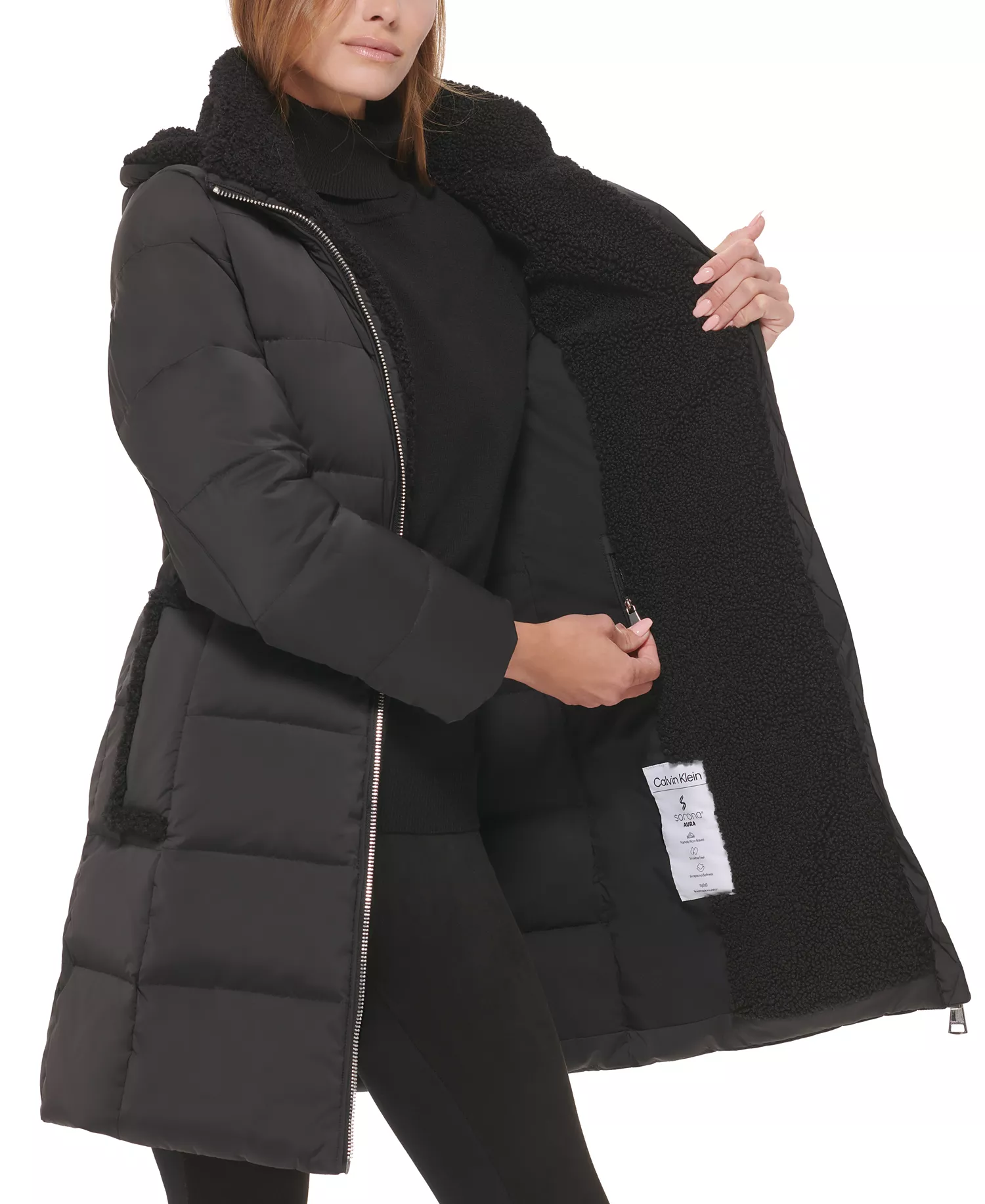 Women's Sherpa-Trimmed Hooded Down Puffer Coat - Black - S