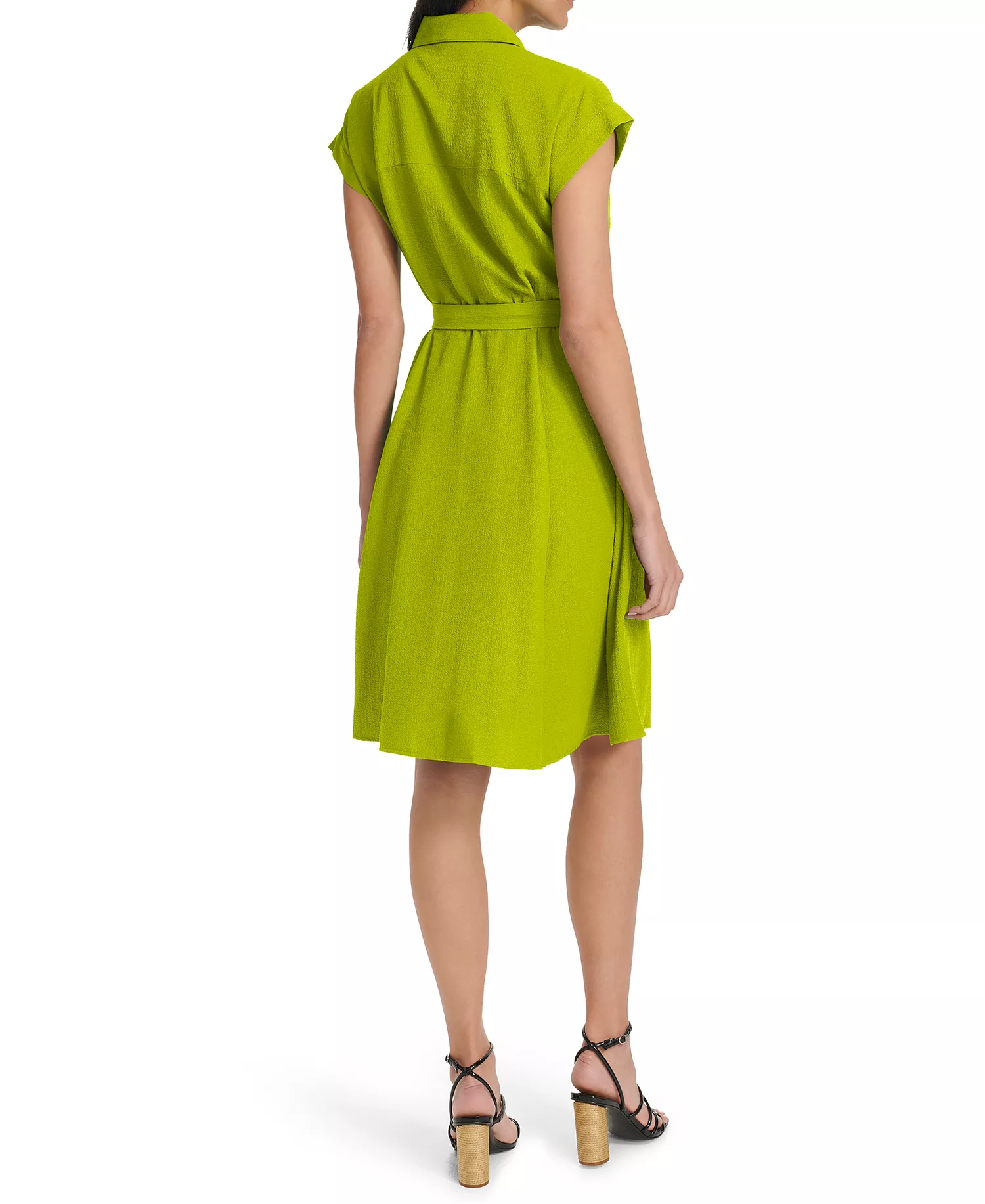 Women's Belted Cap-Sleeve Shirt Dress - Celery - 10