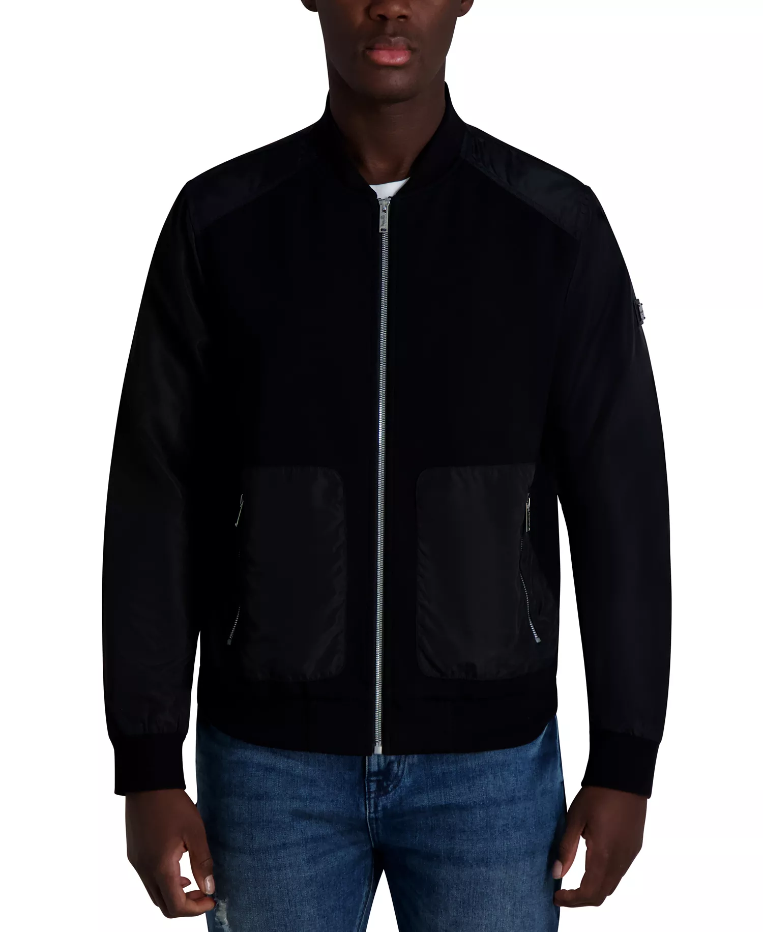 Men's Relaxed Fit Zip-Front Mixed-Media Bomber Jacket - Black - 2XL