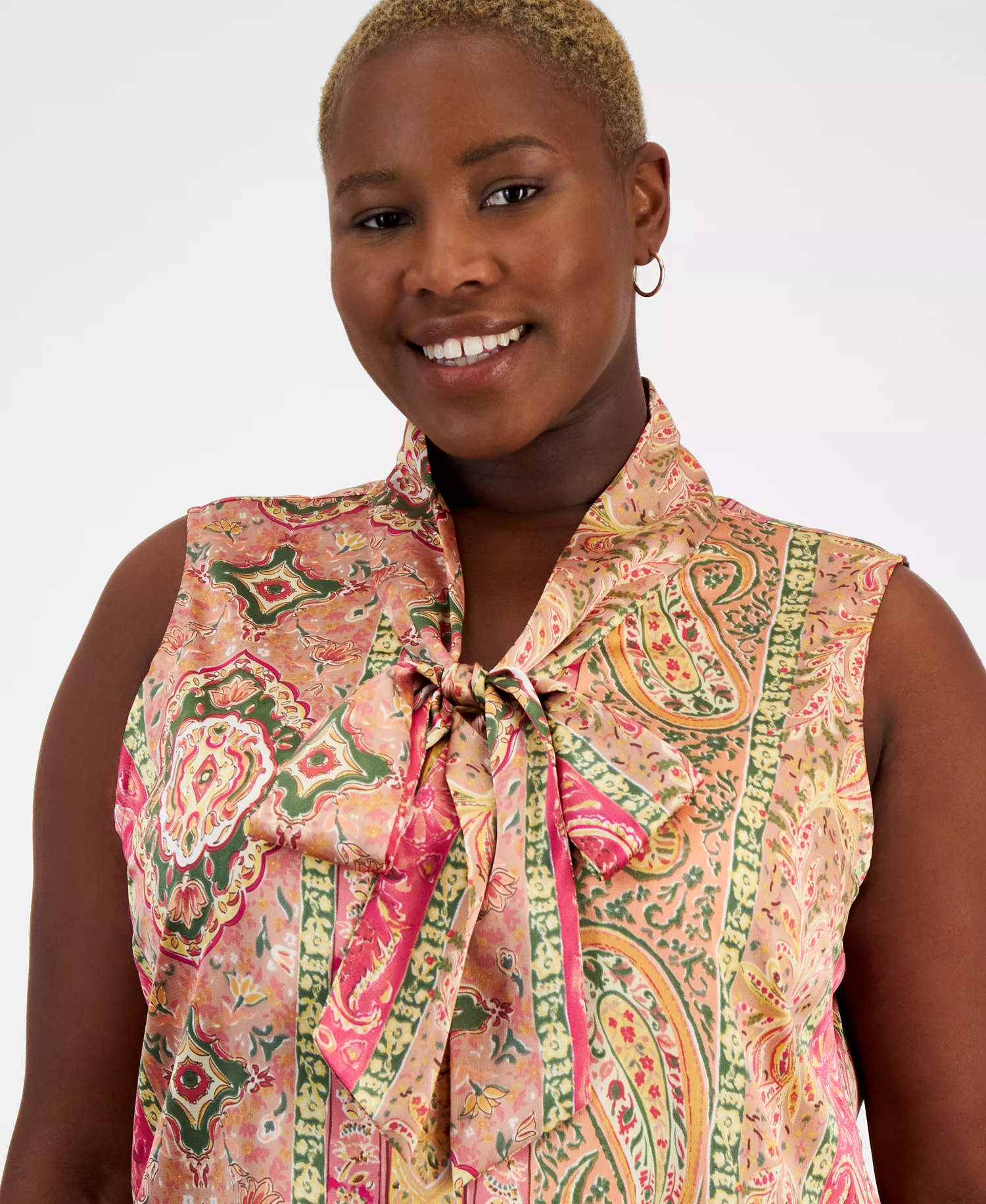 Plus Size Printed Sleeveless Bow Blouse - Olive/Peach - 3X