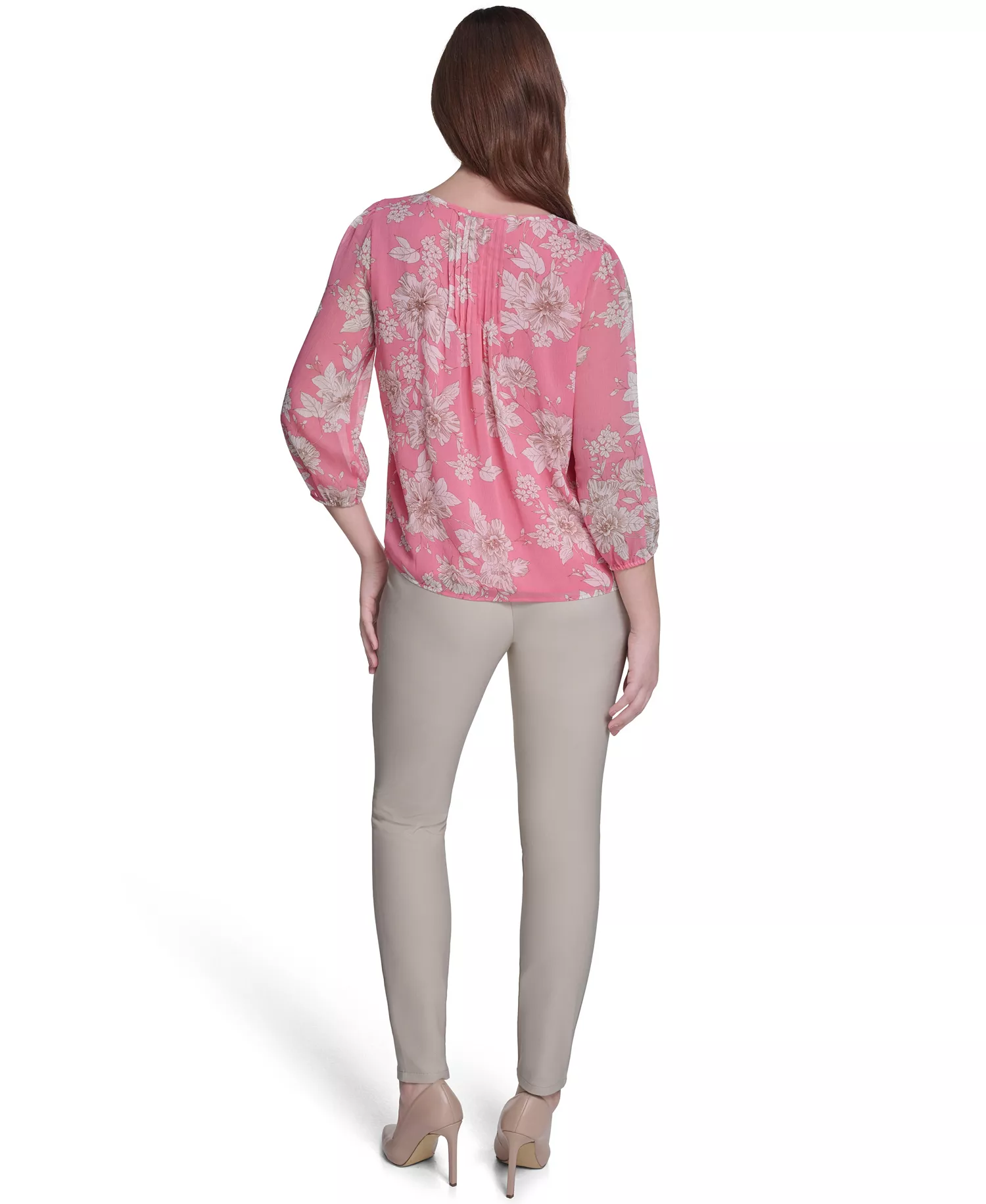 Women's Floral Pintuck V-Neck Blouse - Pink Tulip Multi - L