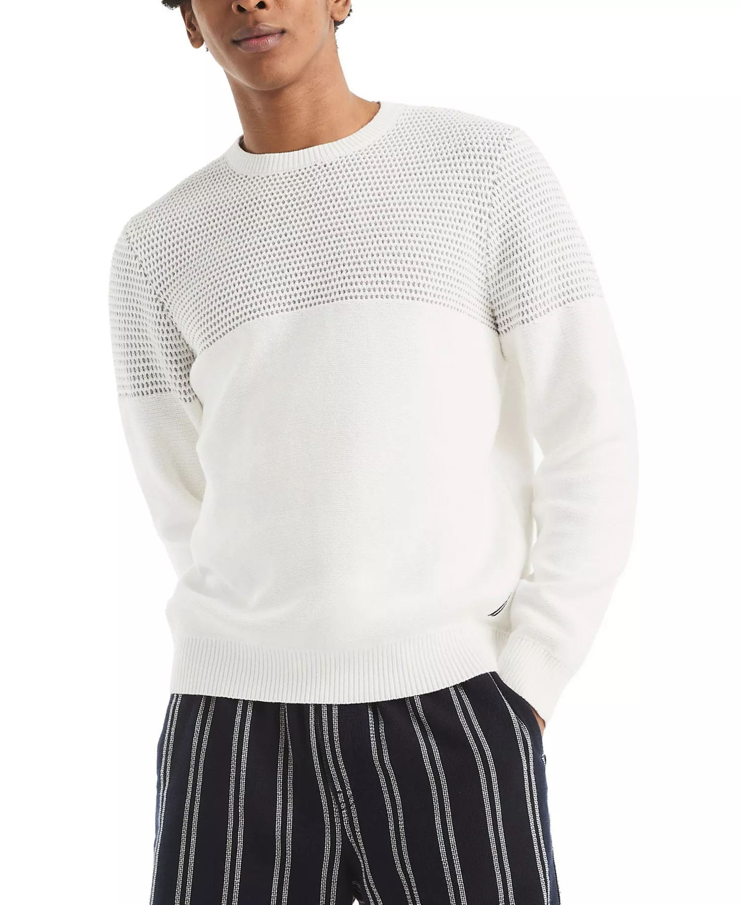 Men's Textured Colorblocked Crewneck Sweater - Sail White - 2XL