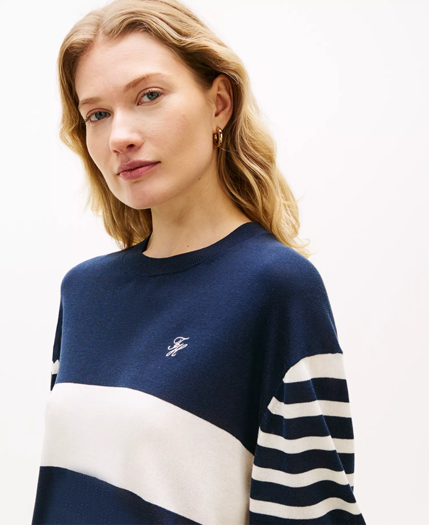 Women's Monogram Script Striped Sweater - Blue - L