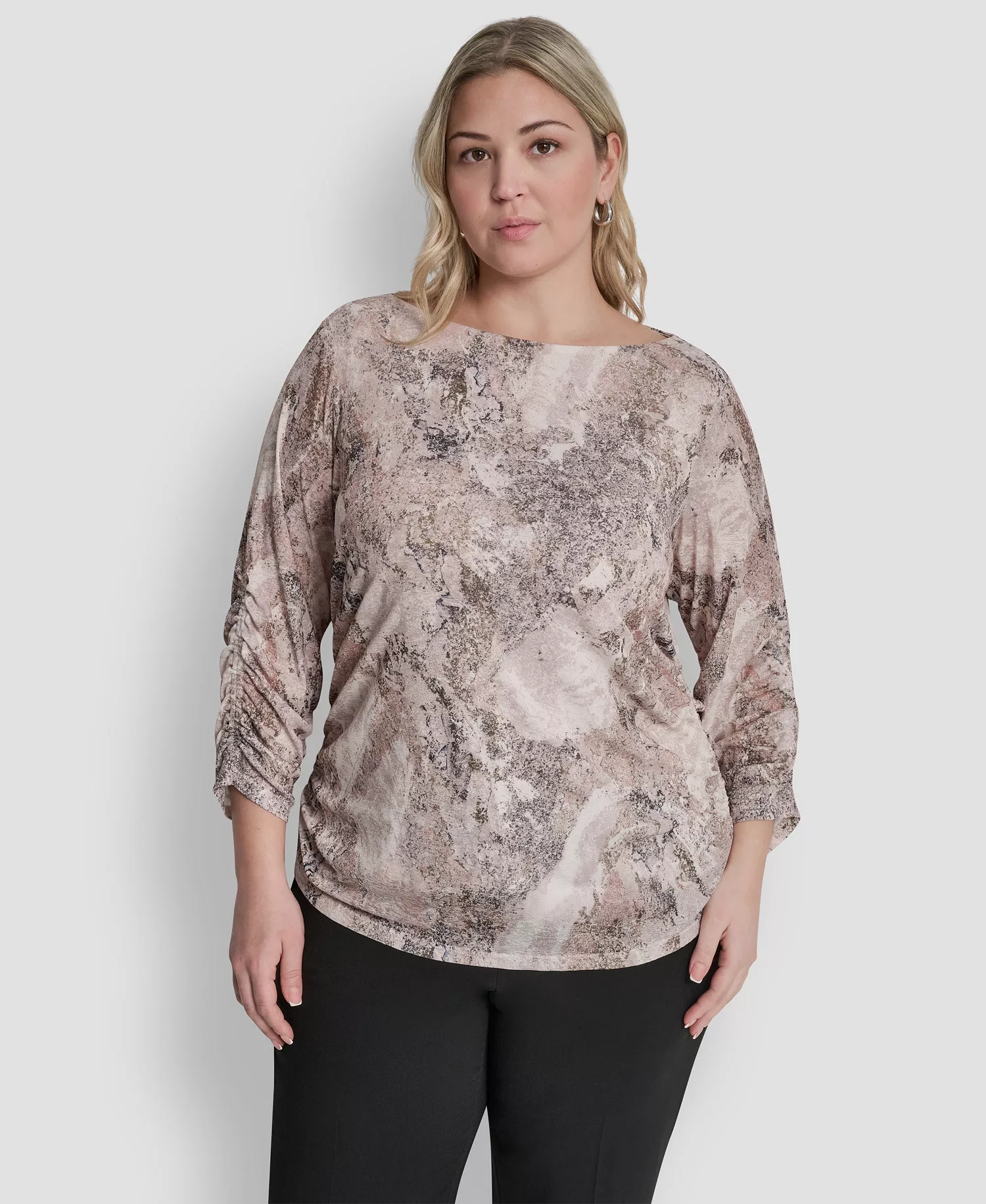 Plus Size Boat Neck Long-Sleeve Top - Coconut/Travertine Multi - 1X