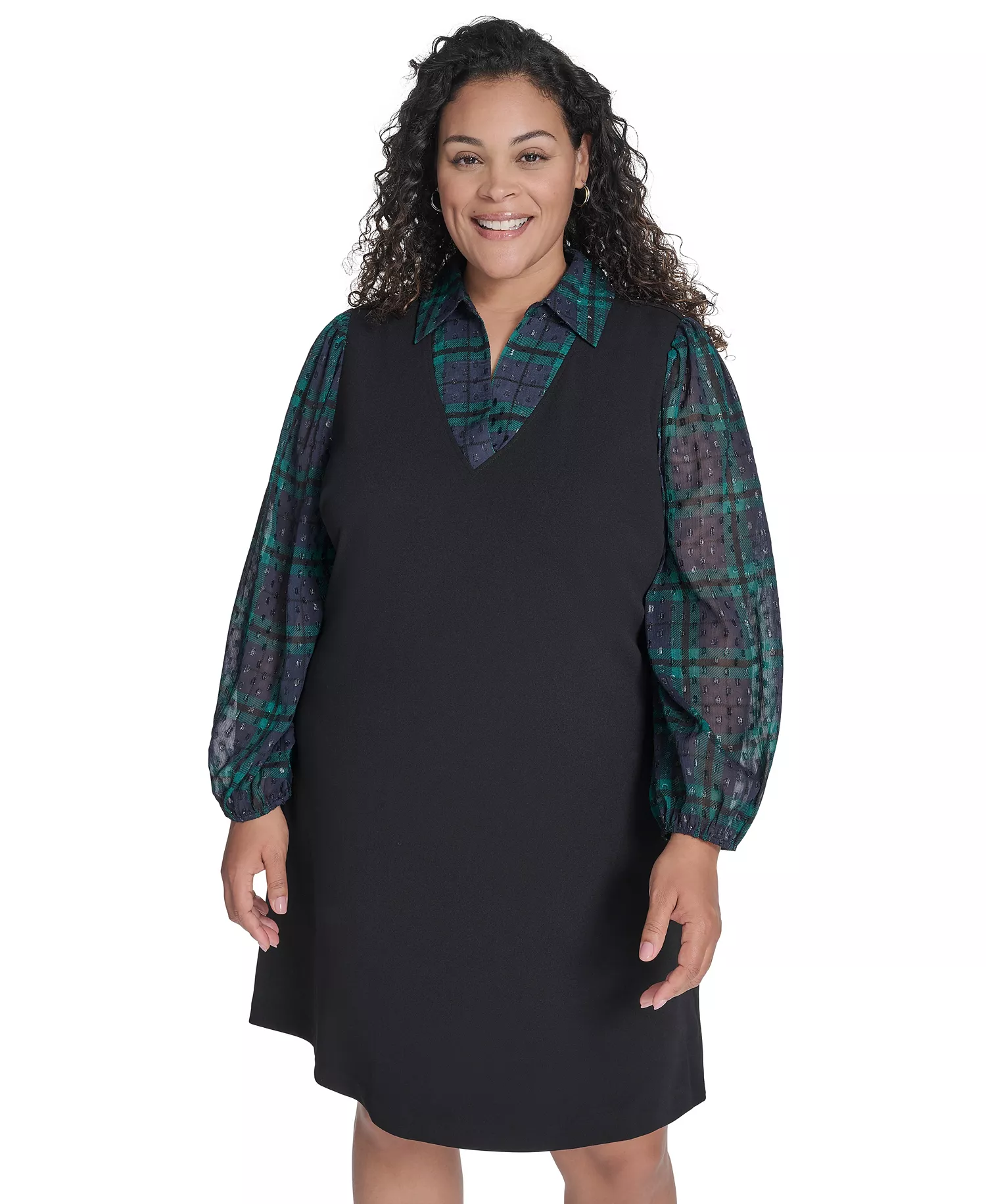Plus Size Long Sleeve A-line Dress - Black/Midnight/Green - 14W