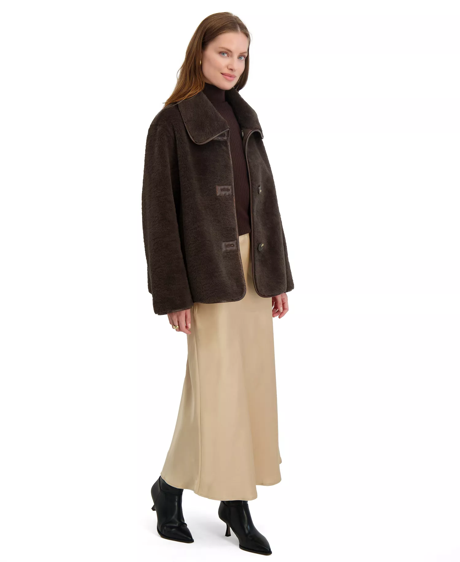 Women's Reversible Faux-Shearling Button-Front Coat - Chocolate - L