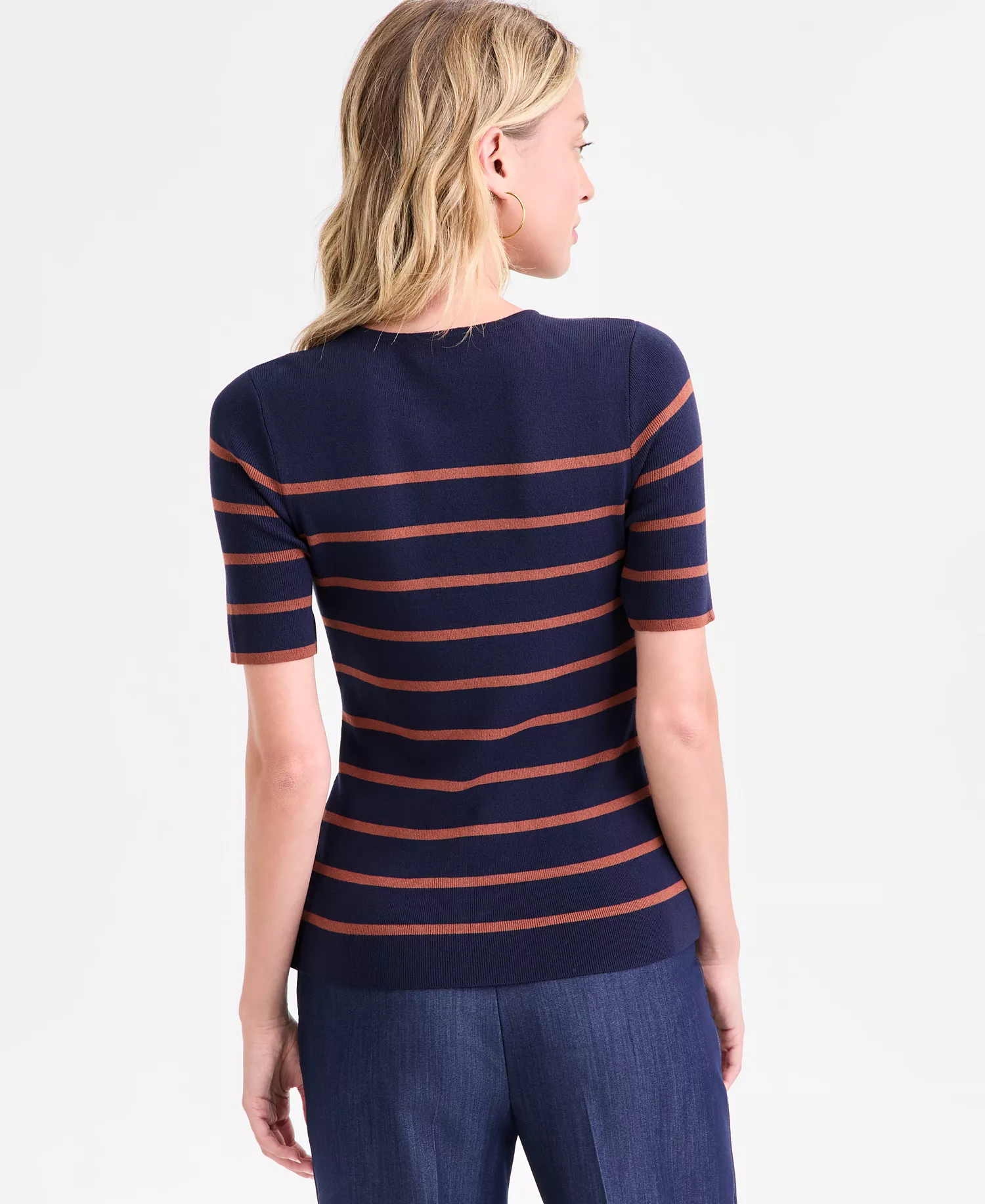 Women's Petite Striped Short-Sleeve Sweater Tee - Navy/tawny - P/L