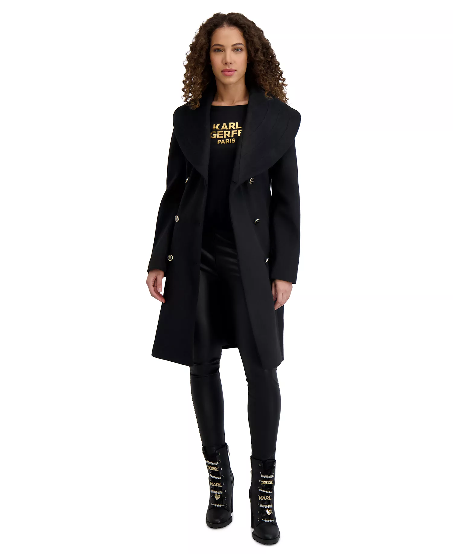 Women's Double-Breasted Belted Coat - Black - L