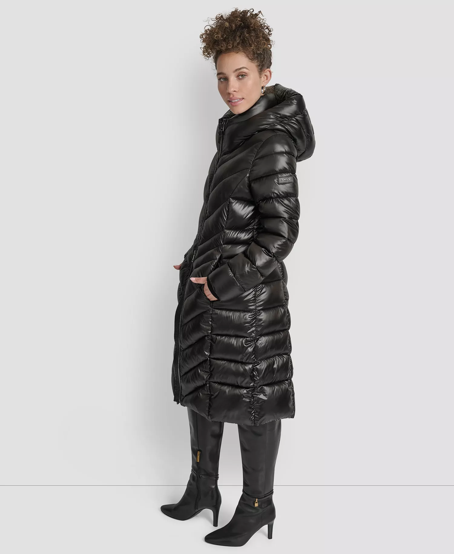 Women's Full-Zip Front Quilted Puffer Coat - Black - L