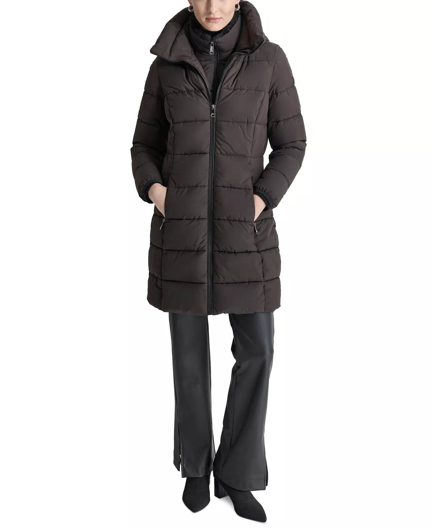 Women's Bibbed Hooded Zip-Front Puffer Coat - Bitter - M