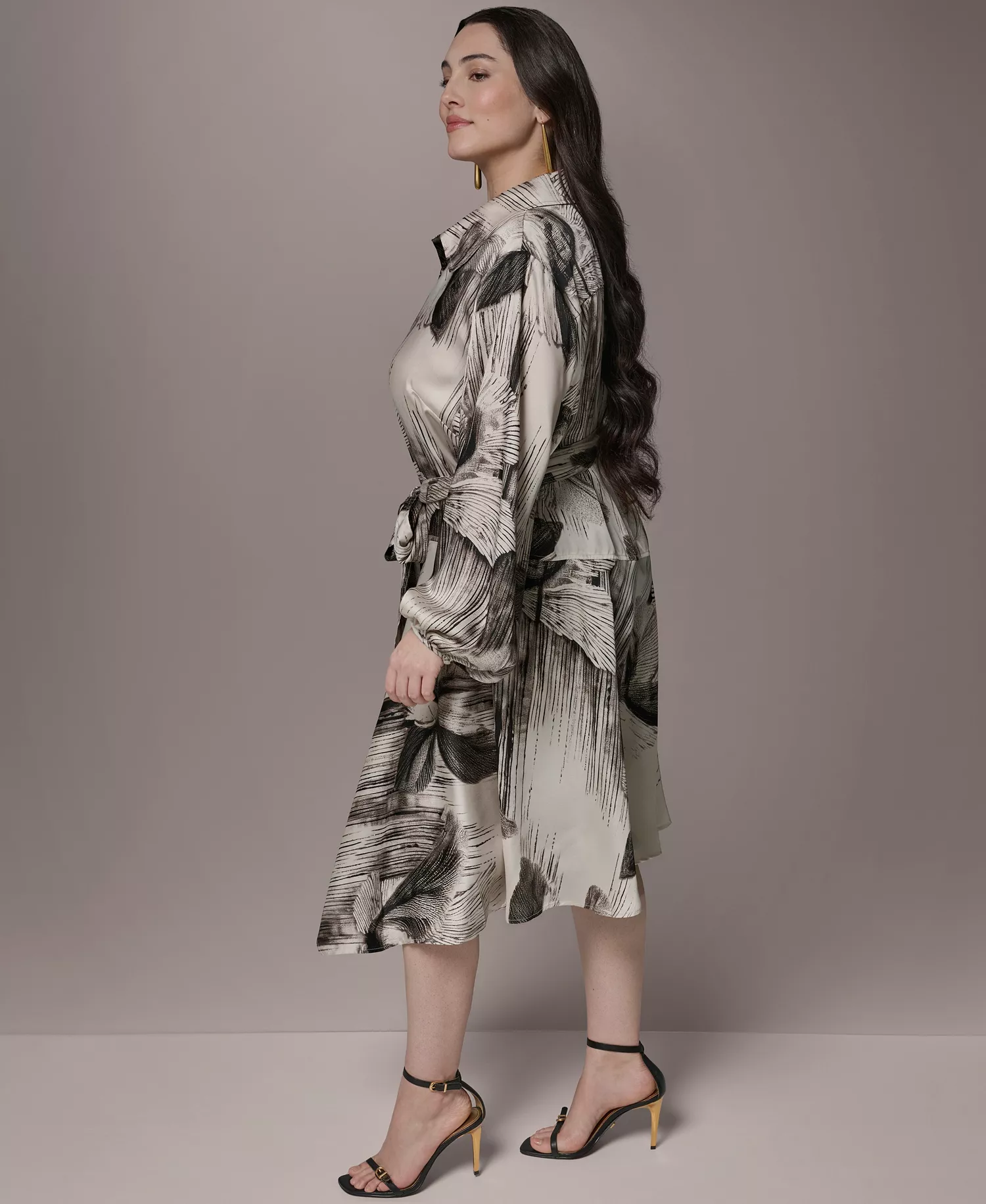 Plus Size Balloon-Sleeve Shirt Dress - Black/vellum - 14W