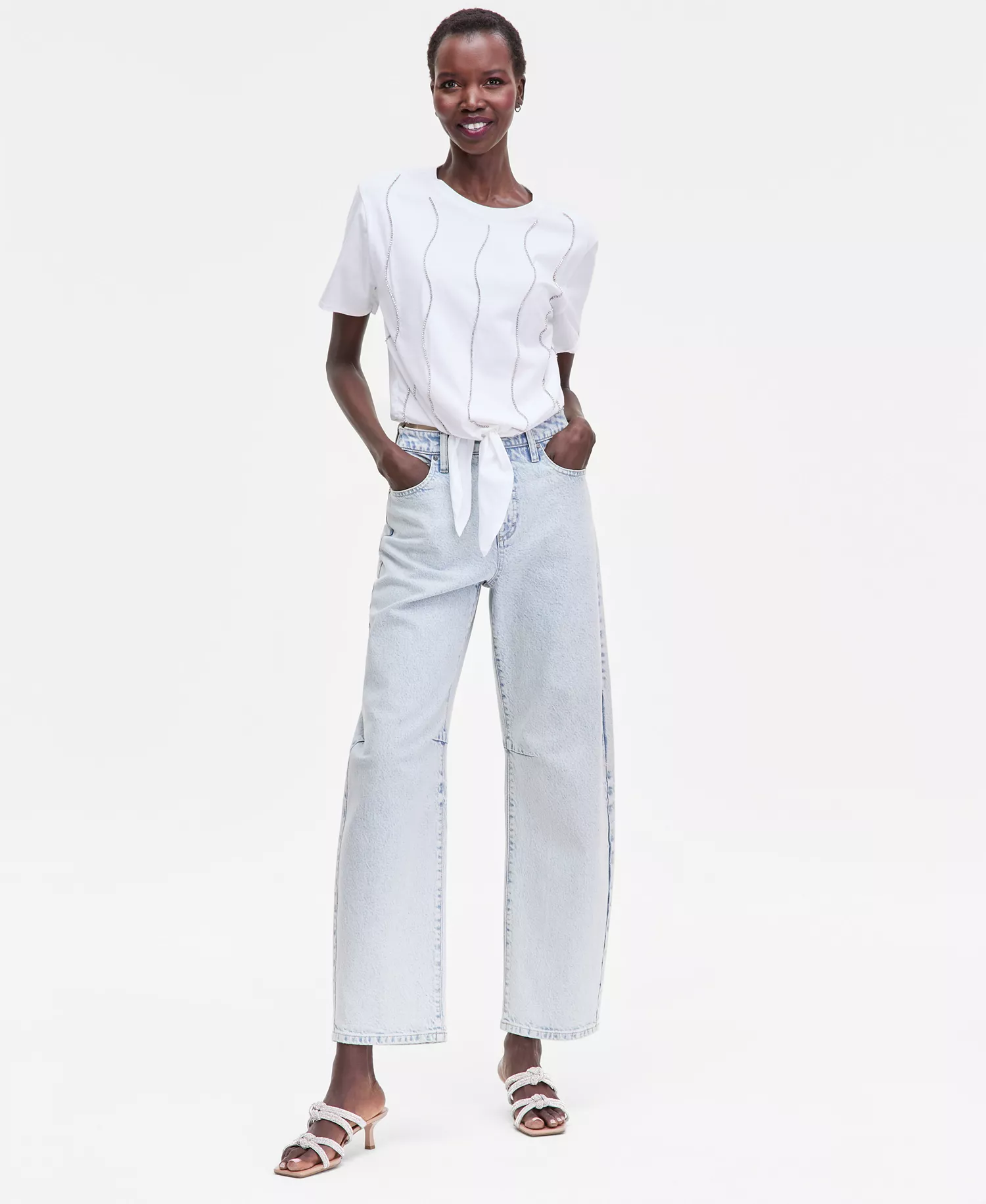 Women's Embellished Tie-Front Tee, Macy's Exclusive - Bright White - L