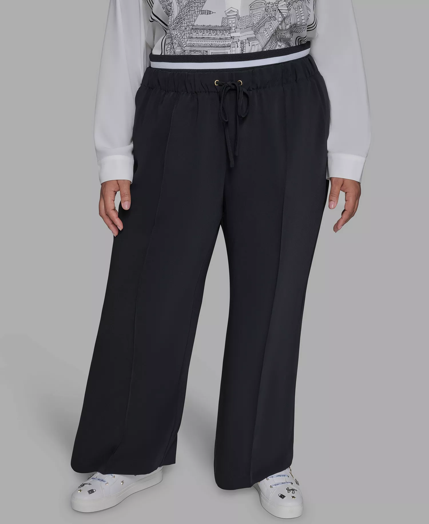 Plus Size Double Waistband Long Casual Pants - Black - 0X