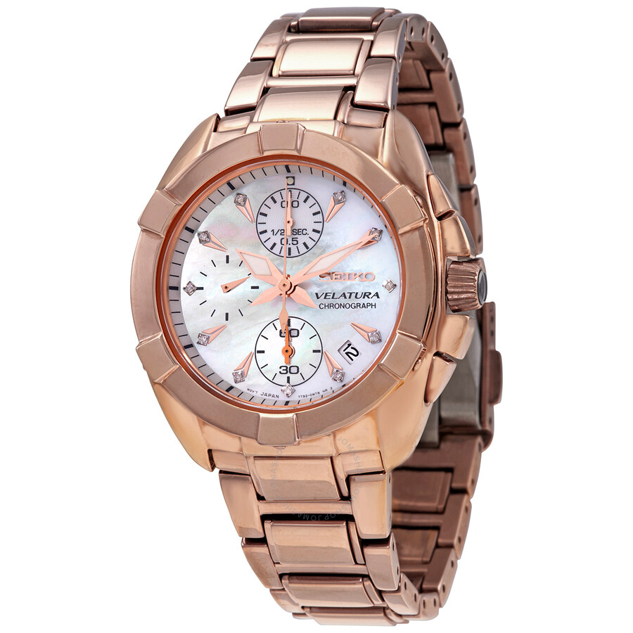 Seiko Open Box - Velatura Chronograph Quartz Diamond Mother Of Pearl Dial Ladies Watch Sndx92p1