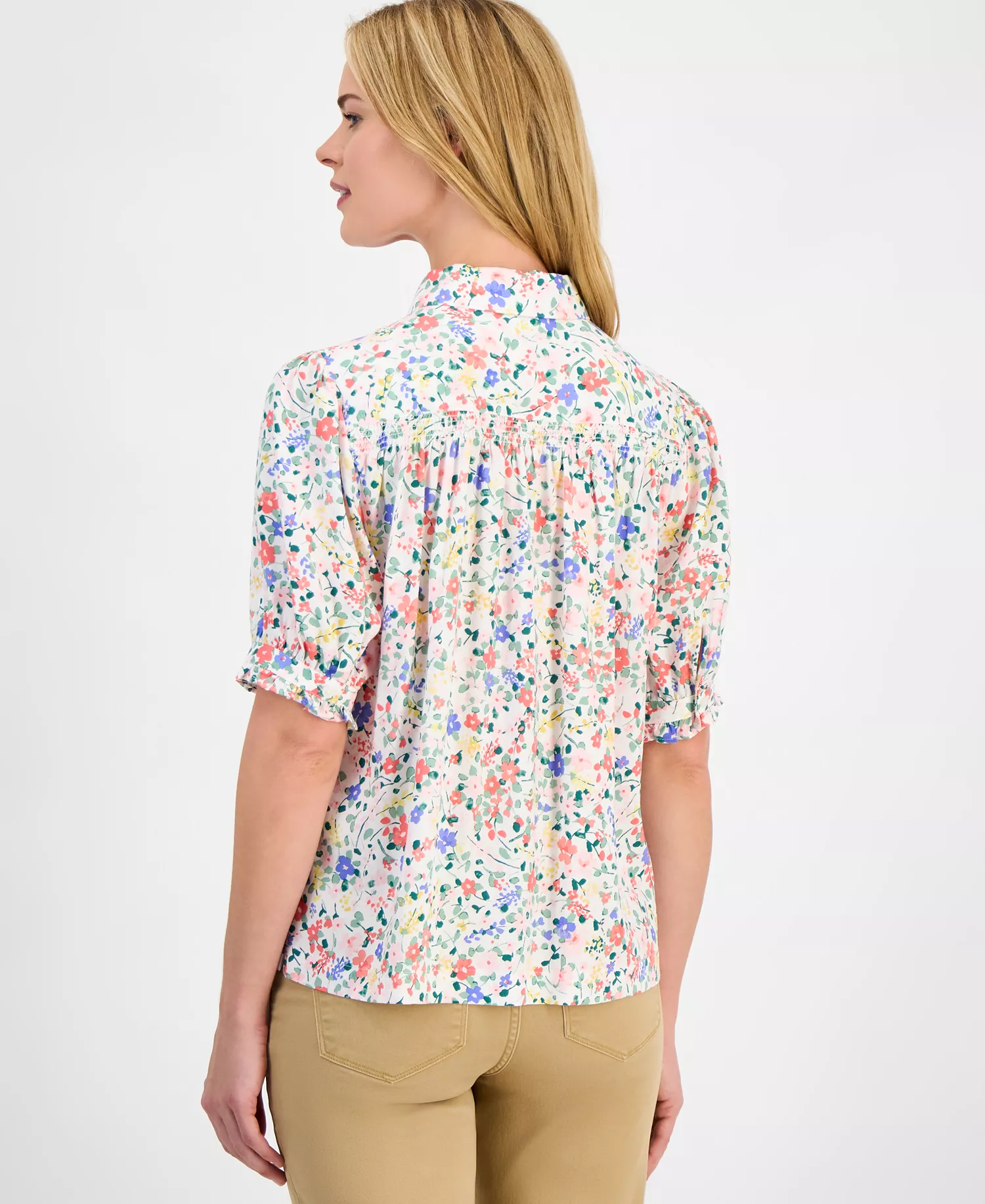 Women's Belagio Floral Short-Sleeve Smocked Blouse - Ivory Multi - L
