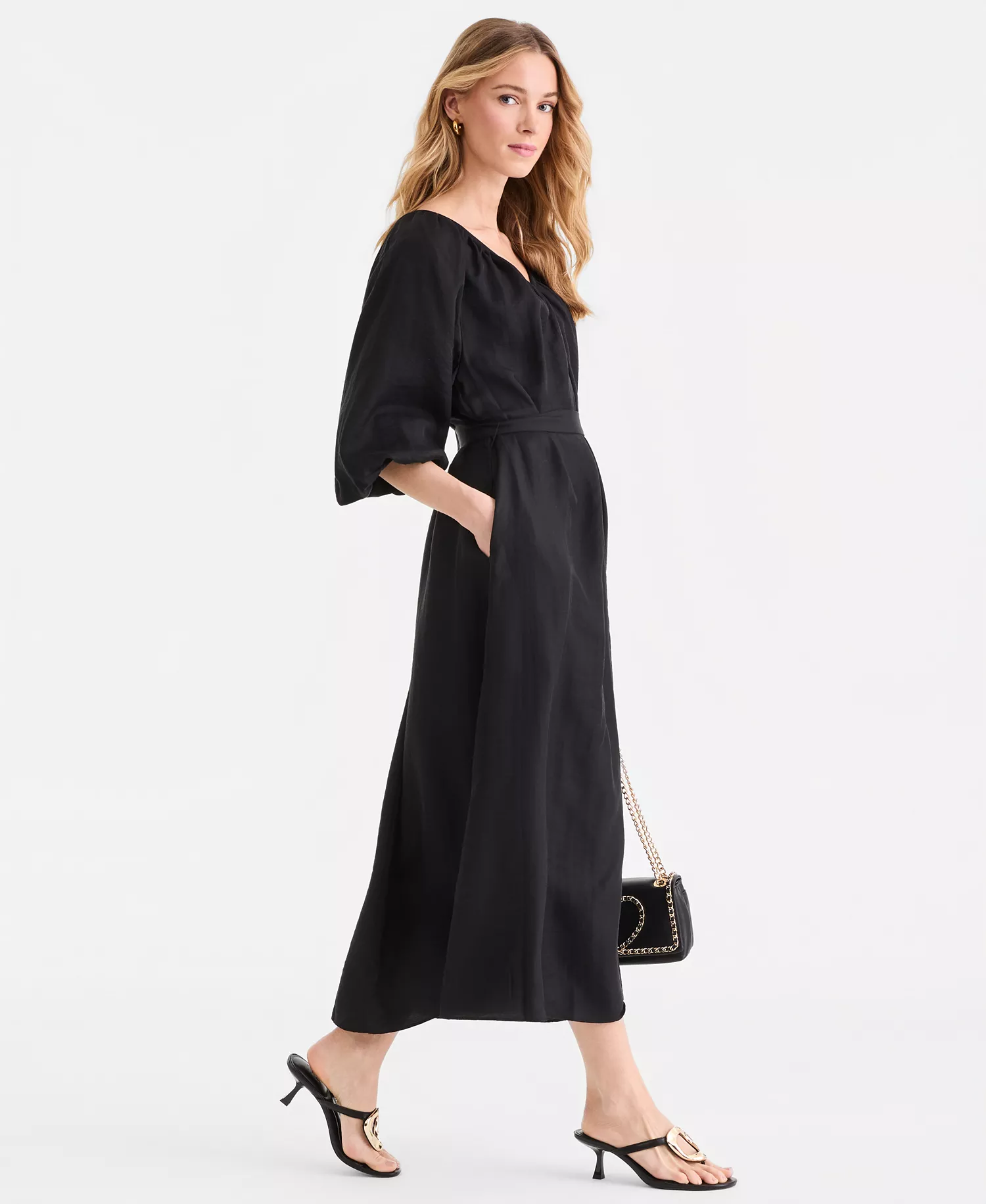 Women's 3/4 Sleeve Tie-Waist Midi Dress, Macy's Exclusive - Deep Black - L