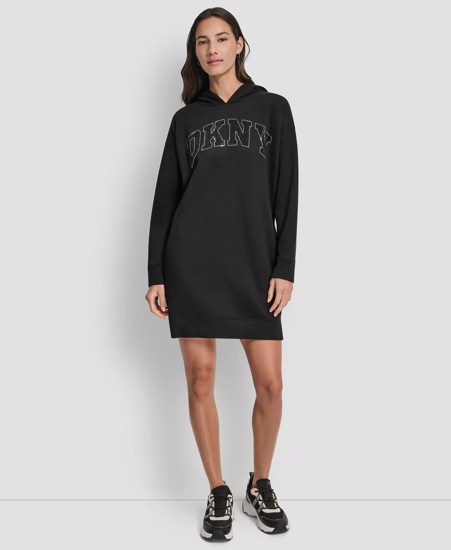 Women's Exploded Rhinestone Varsity Logo Hoodie Sneaker Dress - Black - M