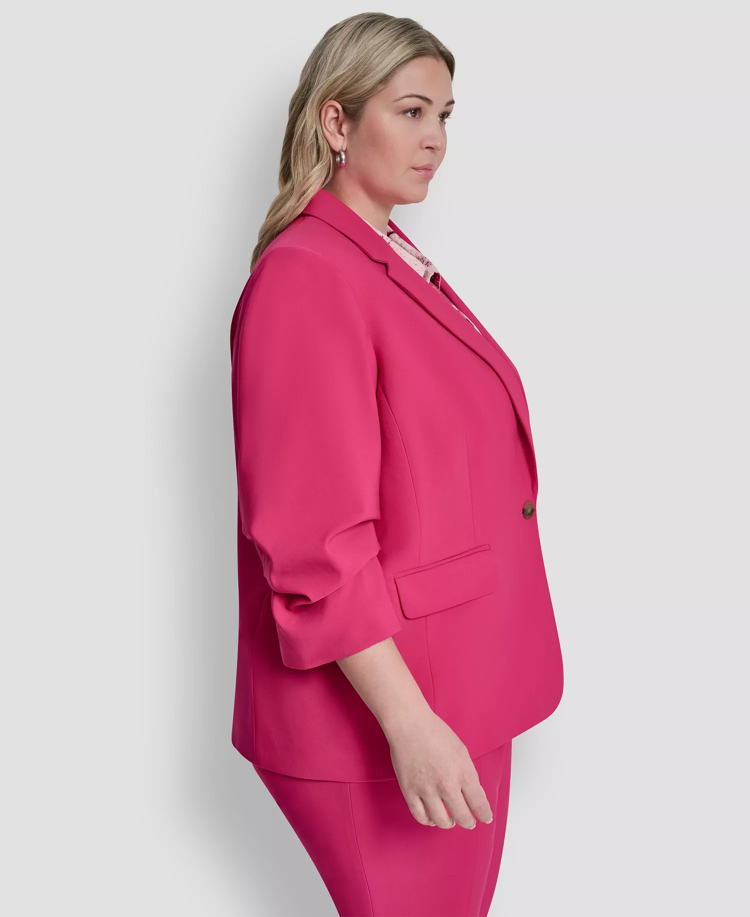 Plus Size 1-Button Ruched-Sleeve Blazer - Hot Pink - 14W