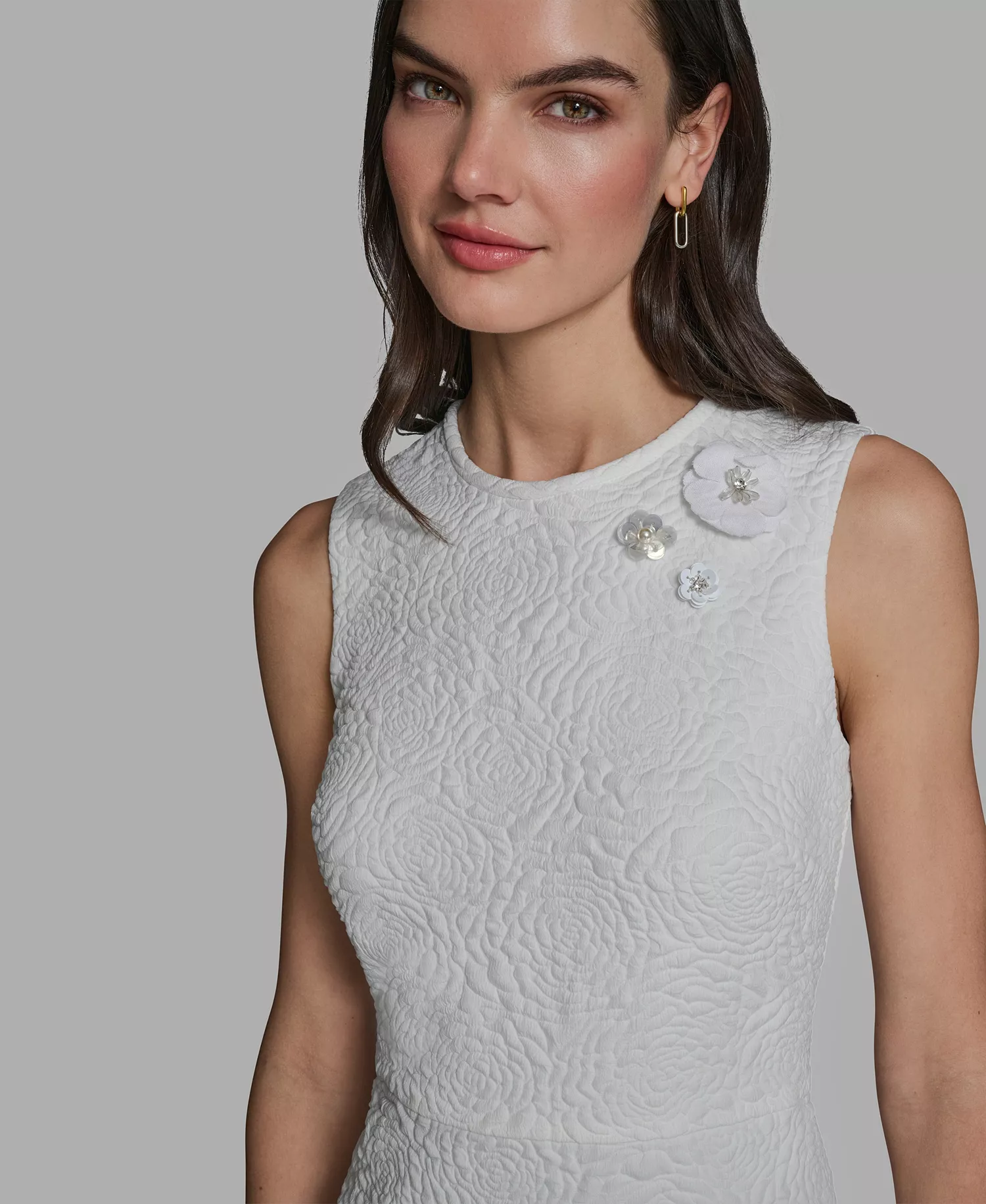 Women's Crew Neck Jacquard Ruffle Hem Dress - Soft White - 0