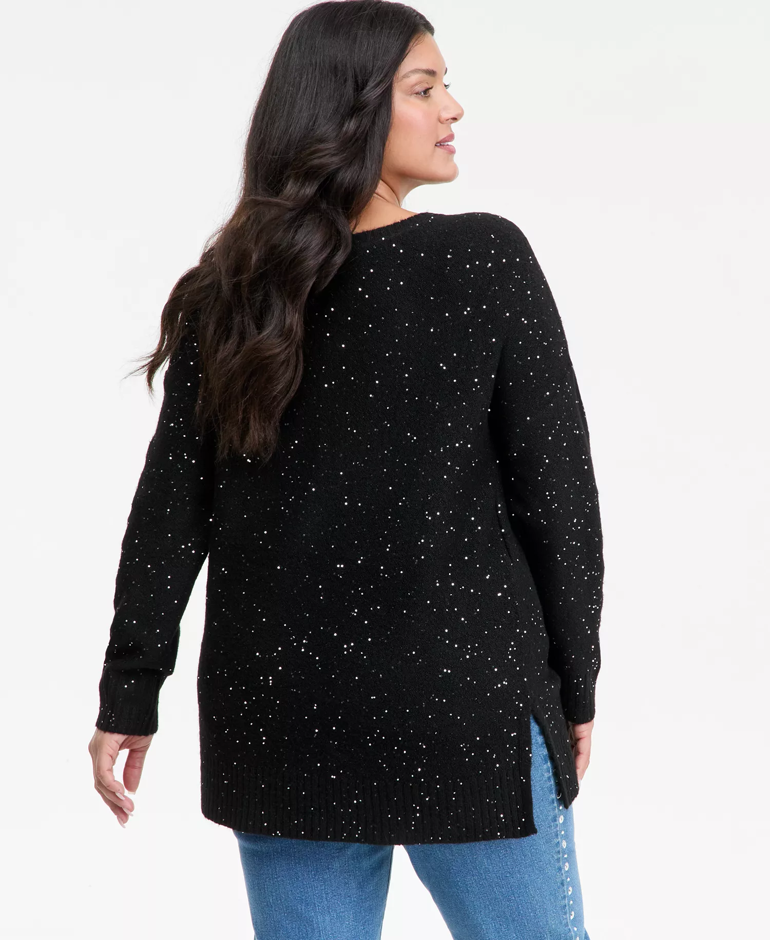 Plus Size Roving Sequin Boat-Neck Tunic Sweater, Macy's Exclusive  - Deep Black - 0X
