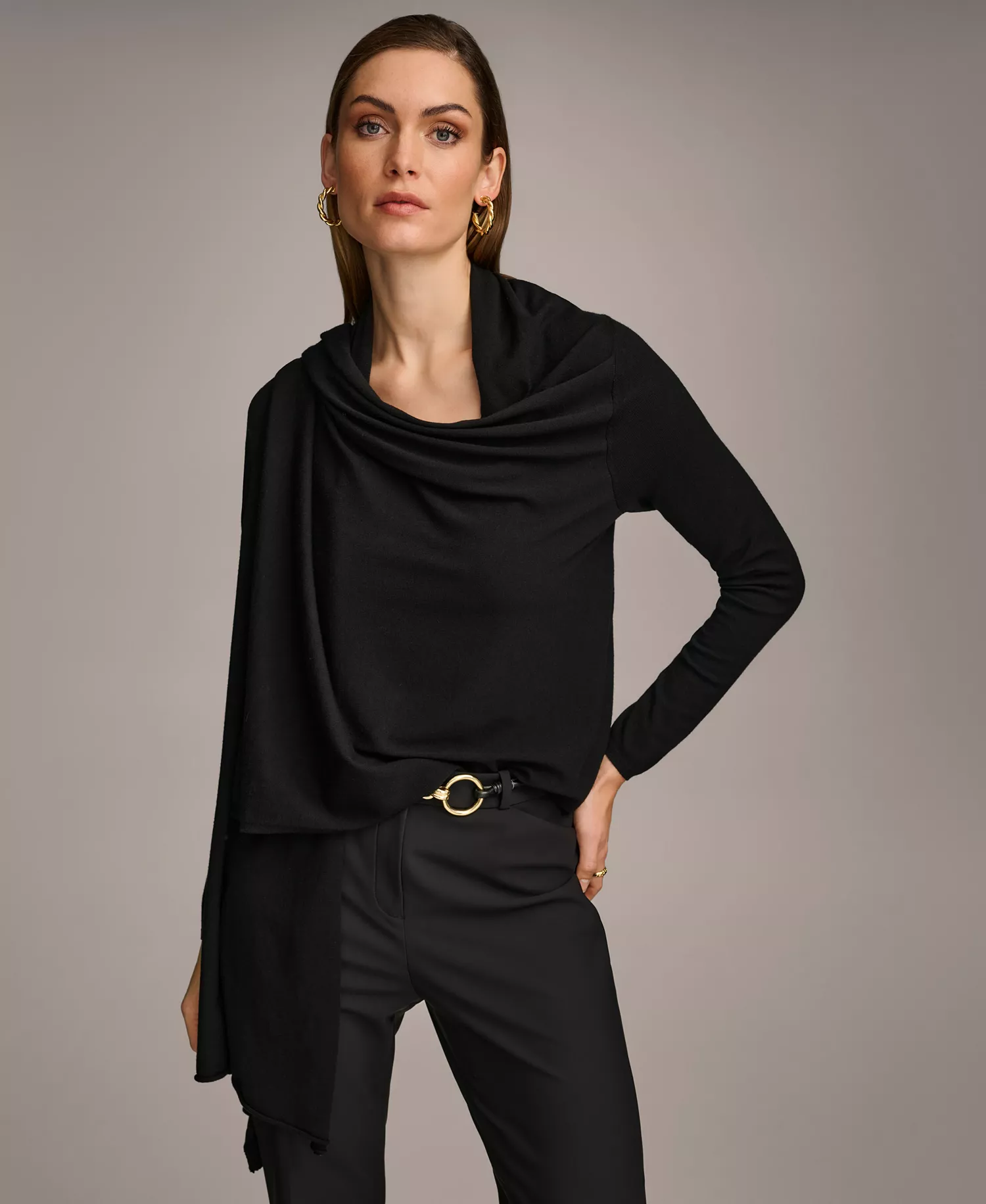 Women's Long-Sleeve Drape-Front Cardigan - Black - L