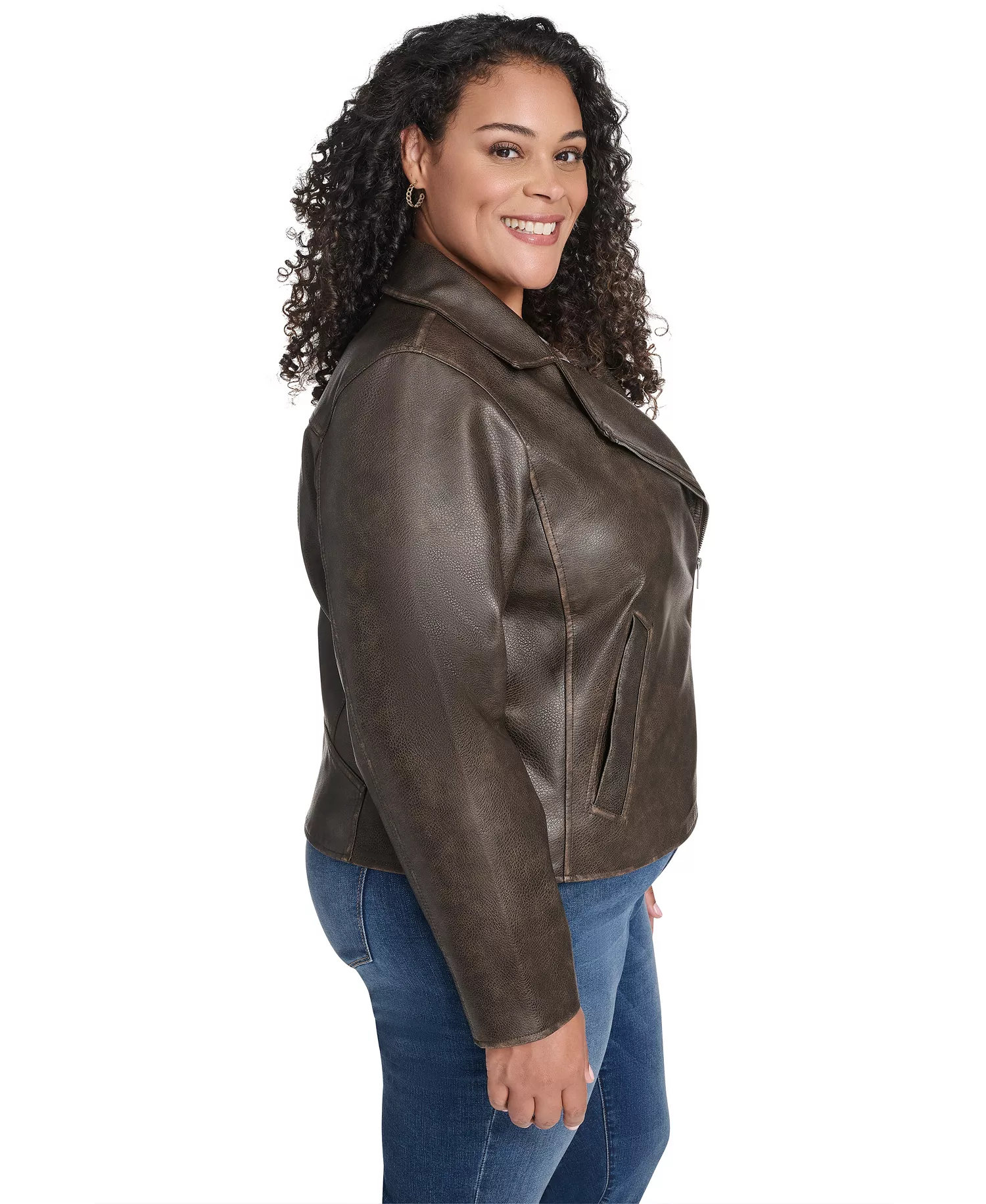 Plus Size Long Sleeve Moto Jacket - Brown - 1X