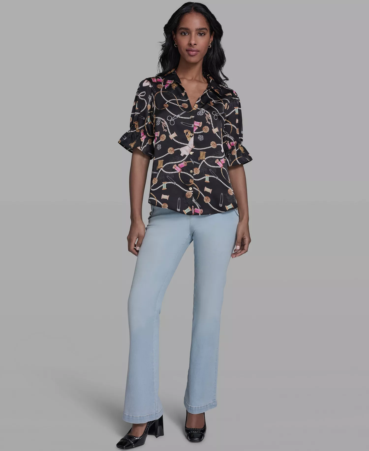 Women's All-Over Sewing Detail Printed Button-Front Blouse - Black Multi - L