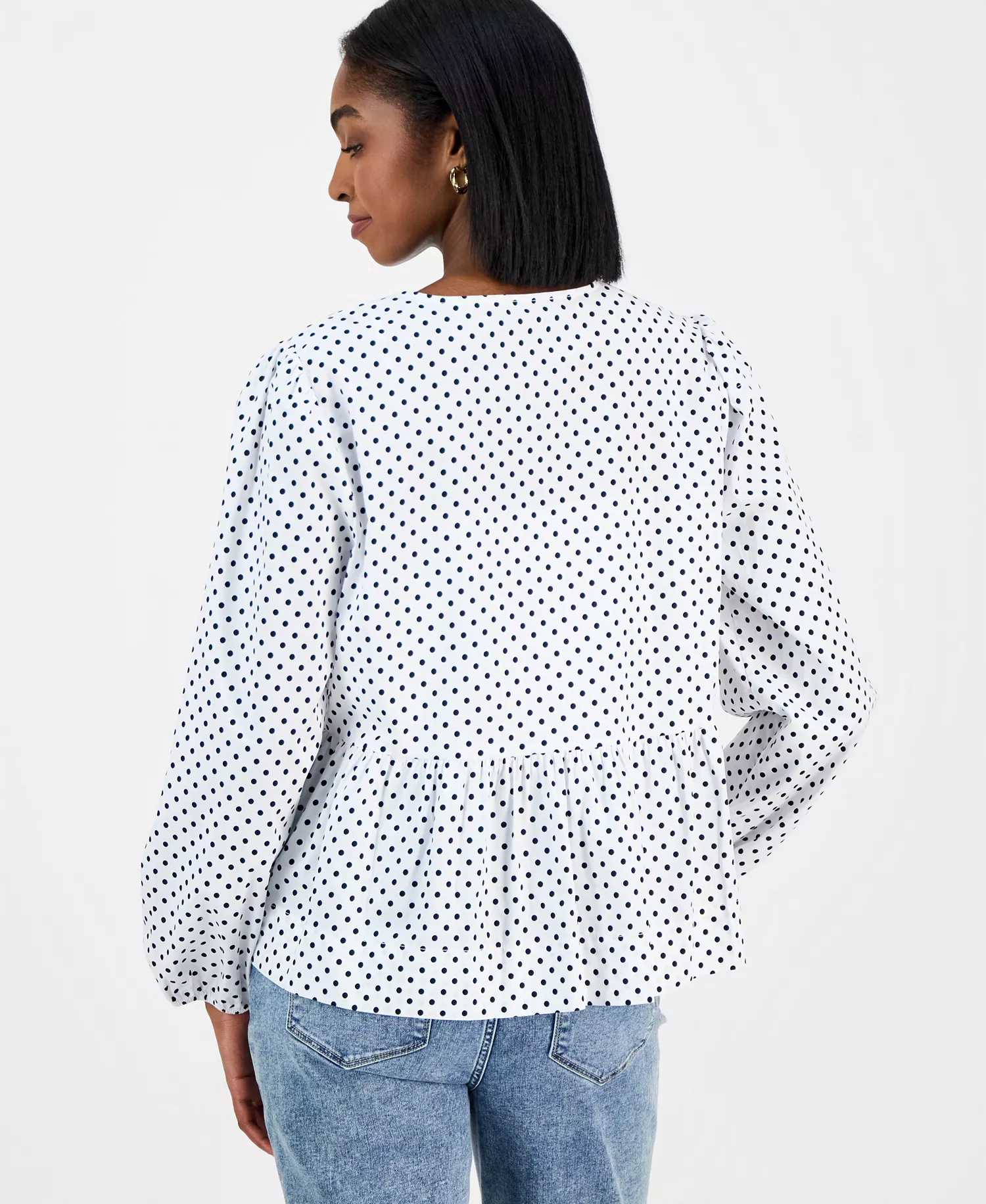 Nautica Women's Dot-Print Bow-Trim Cotton Peplum Blouse  - Bright White/ Night Sky - L