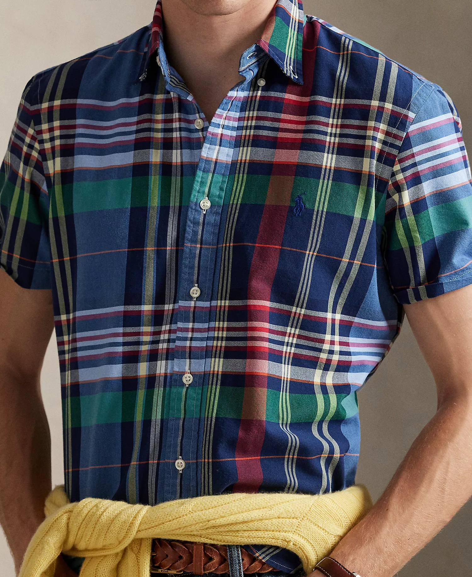 Men's Classic-Fit Yarn-Dyed Plaid Cotton Oxford Button-Down Shirt - Blue Red Multi - XS