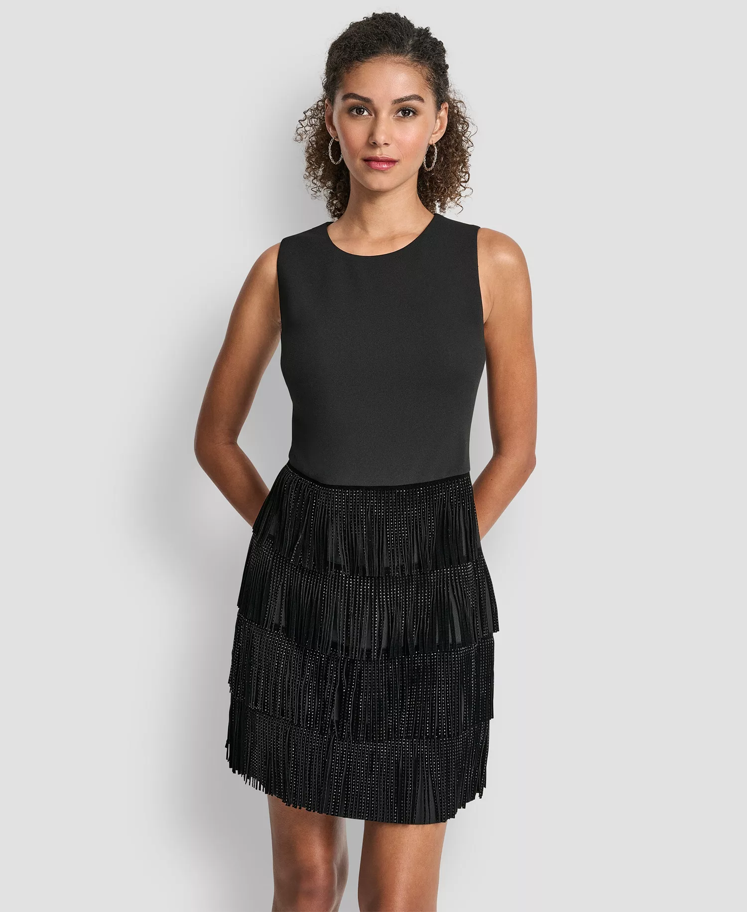 Women's Sleeveless Tiered Studded Fringe Shift Dress - Black - 10