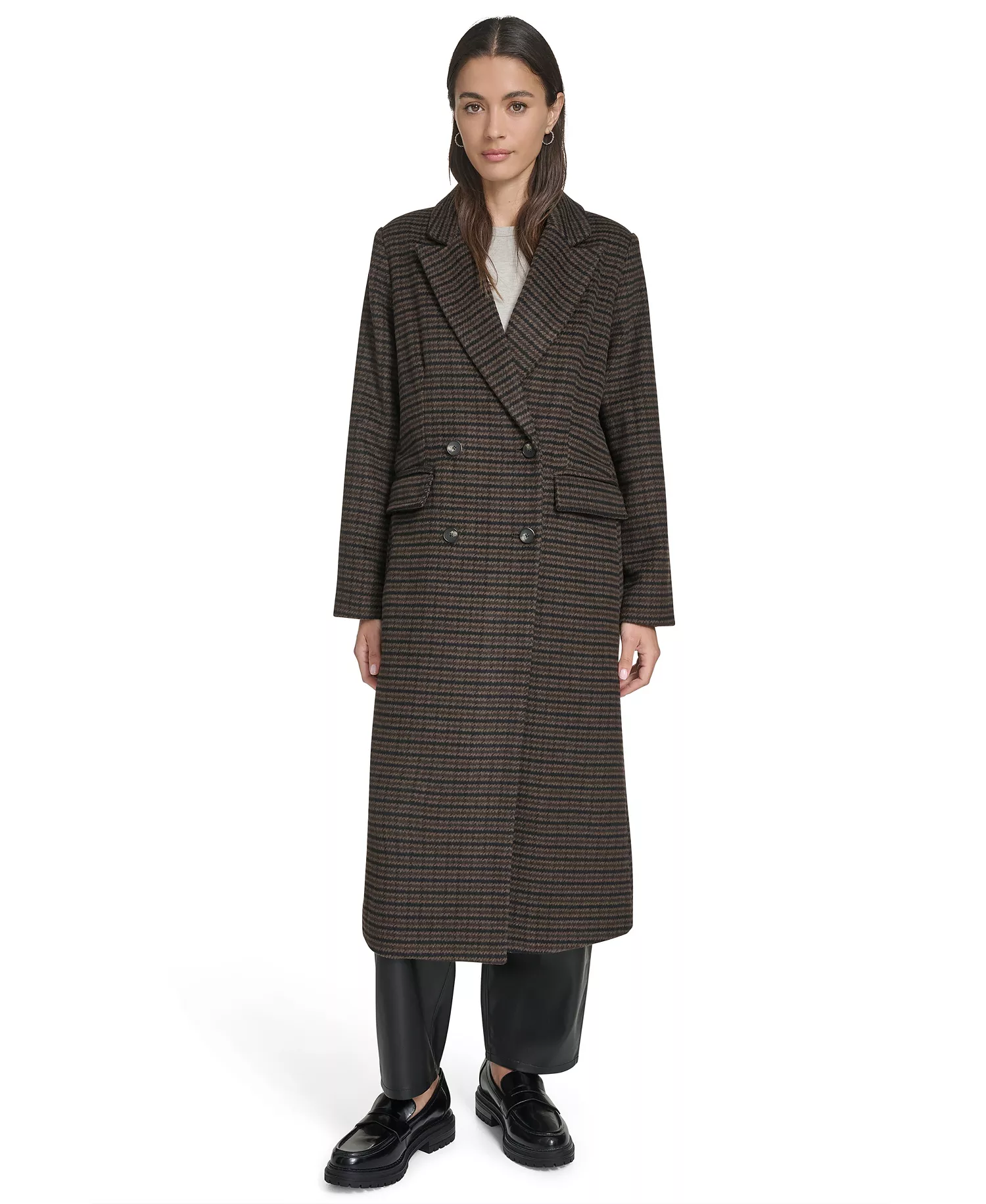 Women's Regular Double Breasted Blazer Coat - Black/Brown Houndstooth - L